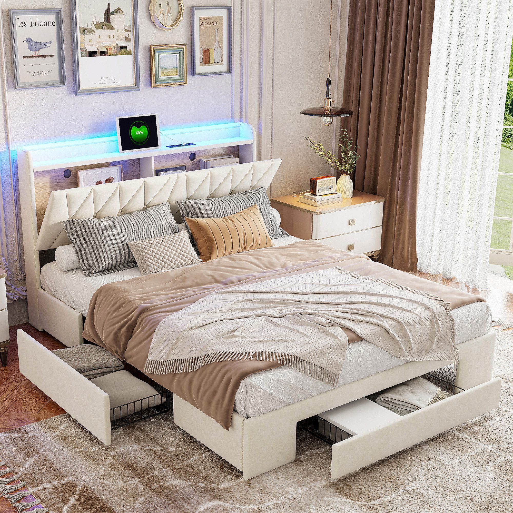 ADWOLT Polsterbett Doppelbett Stauraumbett mit Schubladen und Ladefunktion (Set, 1-tlg., 140x200cm LED Bett mit USB/Type-C Anschlüssen und 3 Schubladen), Samt,Beige