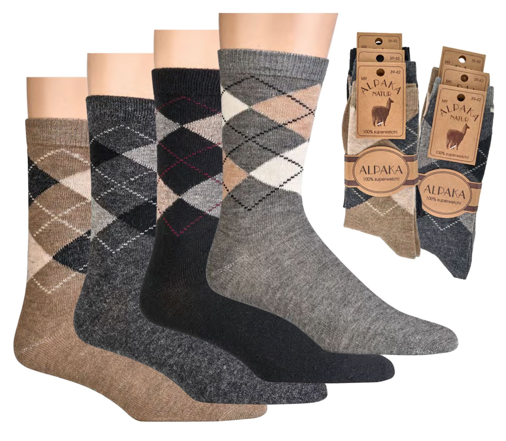 Norwegersocken 6 Paar warme Socken mit Wolle (Alpaka) Karo Dessin für Damen & Herren