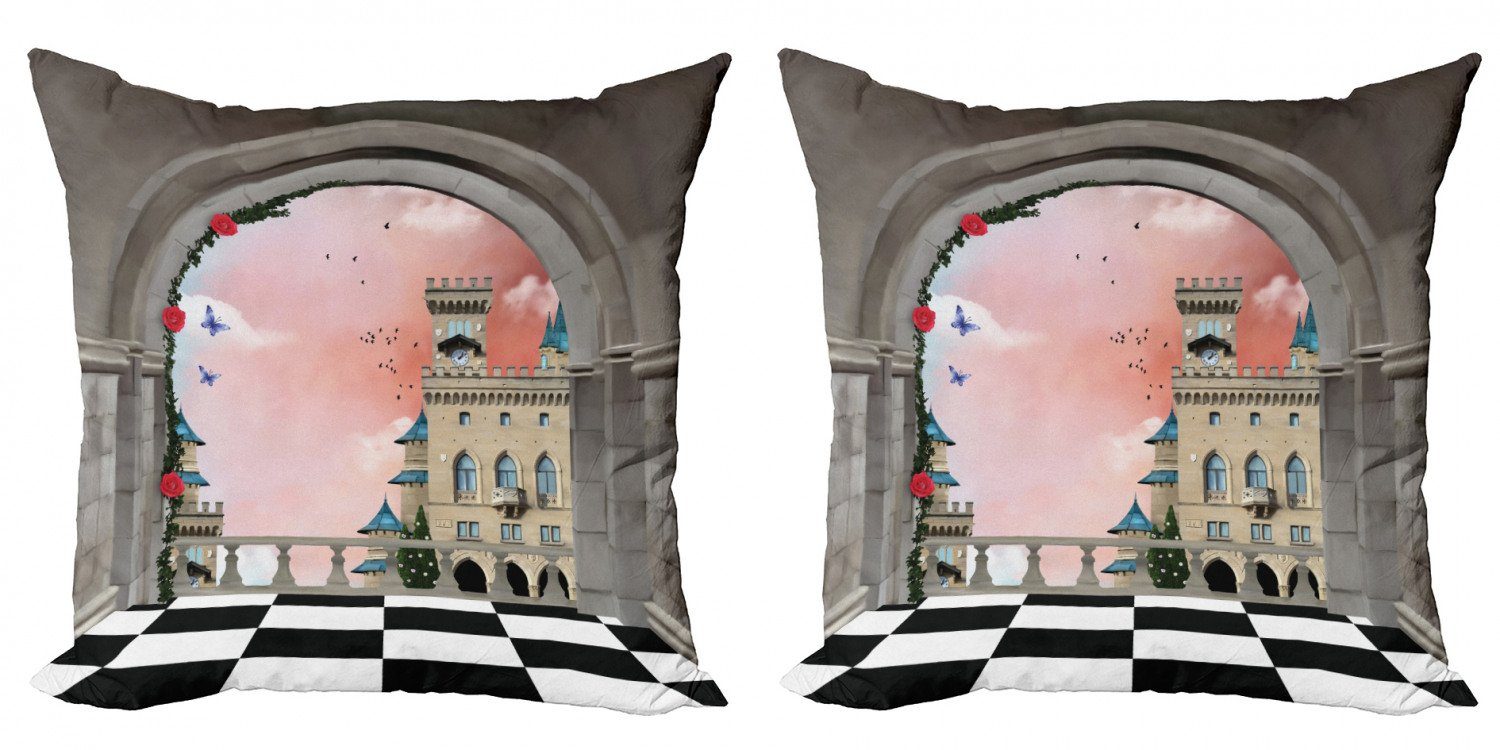 Kissenbezüge Modern Accent Doppelseitiger Digitaldruck, Abakuhaus (2 Stück), Fantasie Mittelalterliche Burg Balkon