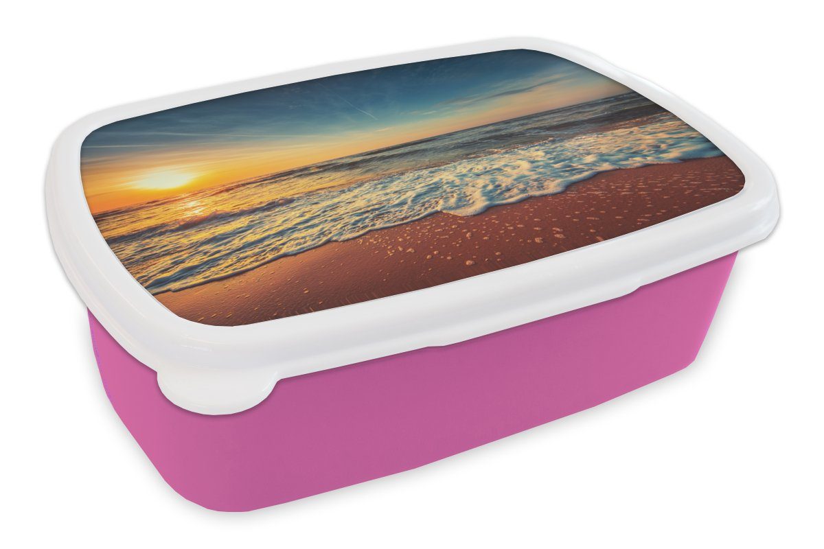 MuchoWow Lunchbox Strand - Meer Erwachsene, Brotdose Brotbox Snackbox, für - Mädchen, Kunststoff rosa Kunststoff, Kinder, Sonnenuntergang Gold, (2-tlg), 