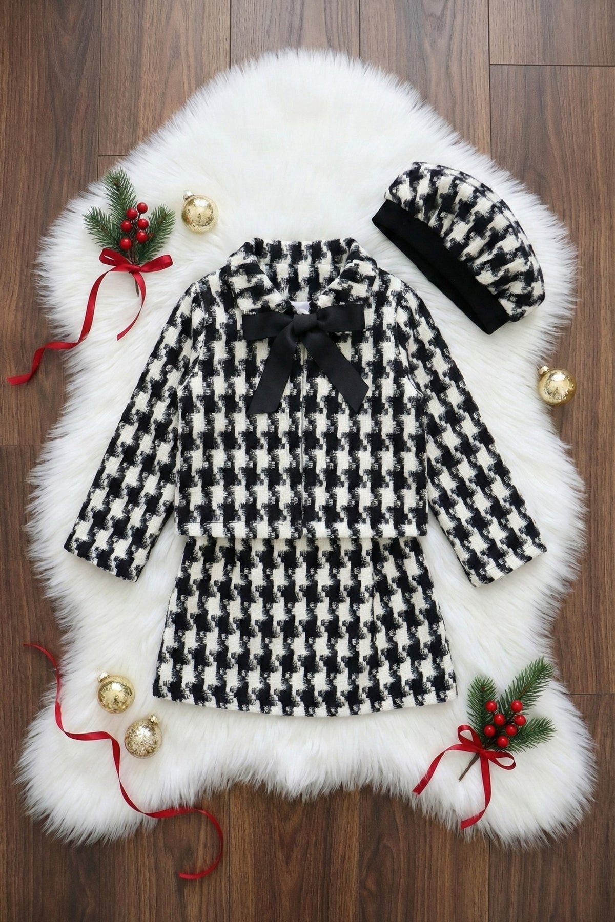 Parla Kids Shirt & Rock Blazer, Kleid und Mütze in schwarz - weiß Hahnentritt-Muster