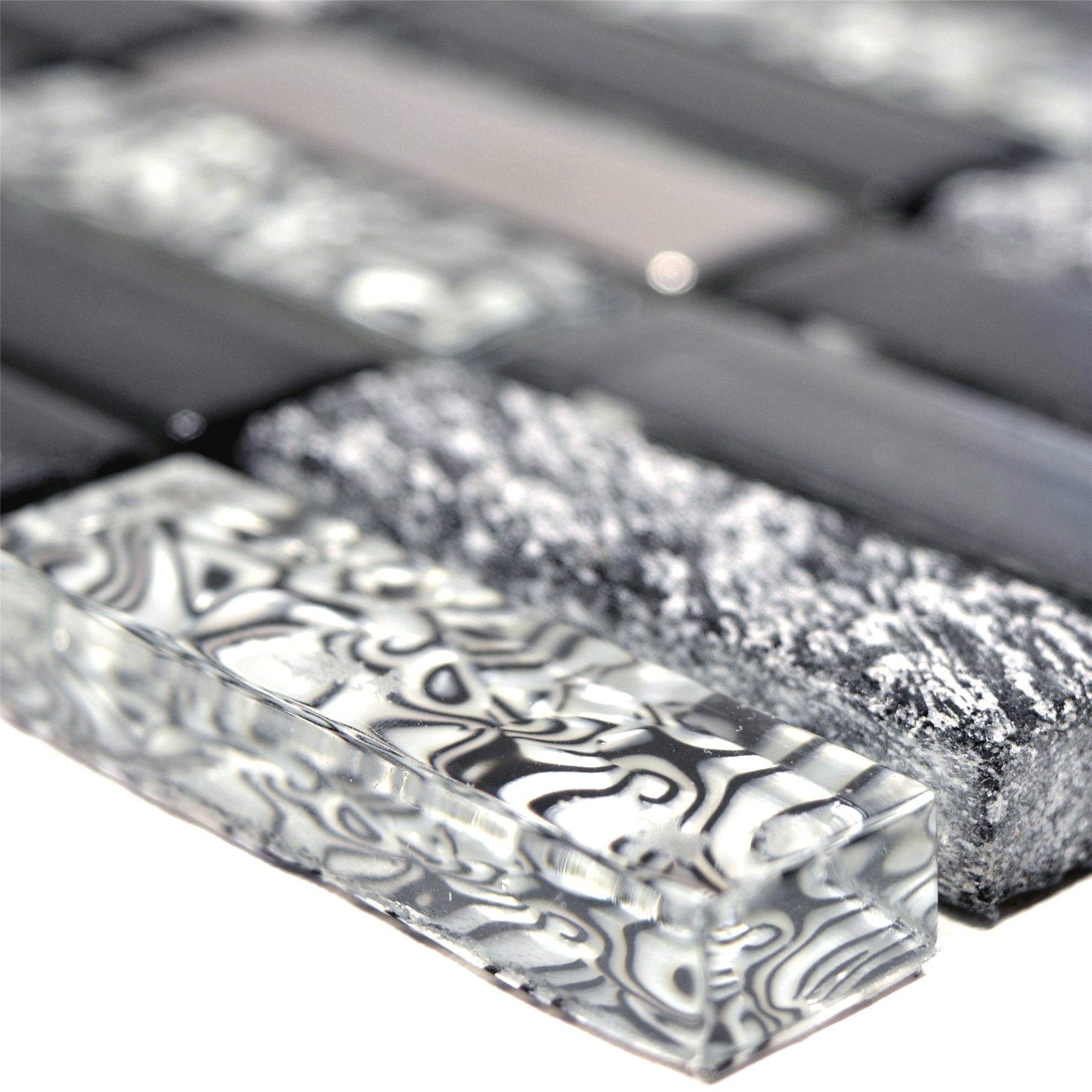 Mosafil Mosaikfliesen Glas Naturstein Mosaikfliesen Magia Mix Stäbchen, Naturstein-Glas 30.400x29.800, weiß-schwarz-grau-silber, Verlegefertig auf ein Netz geklebt - Wasserfest