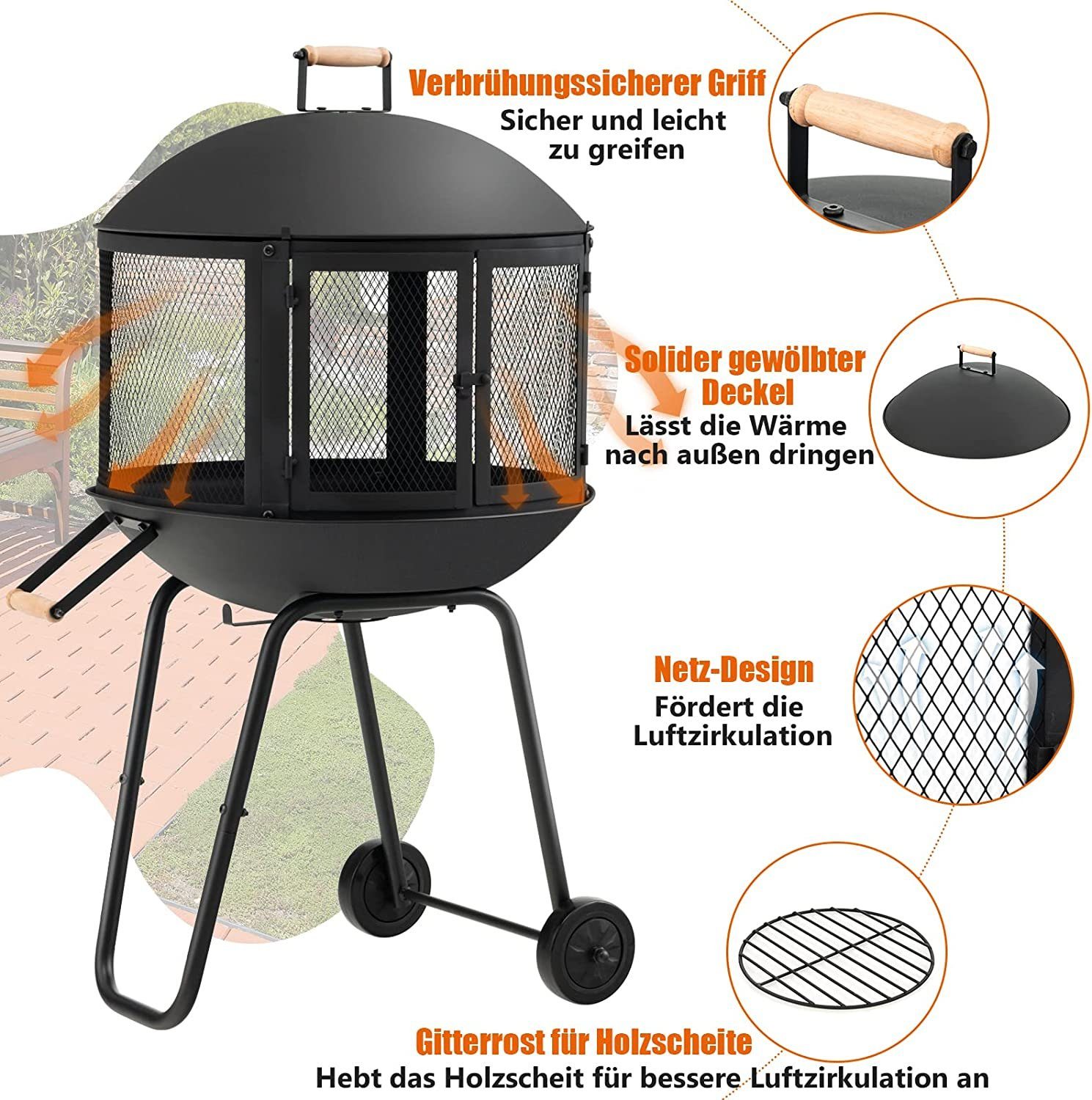 mit Funkenschutz, Terrassenkamin, KOMFOTTEU rollbarer Feuerstelle 108x56cm