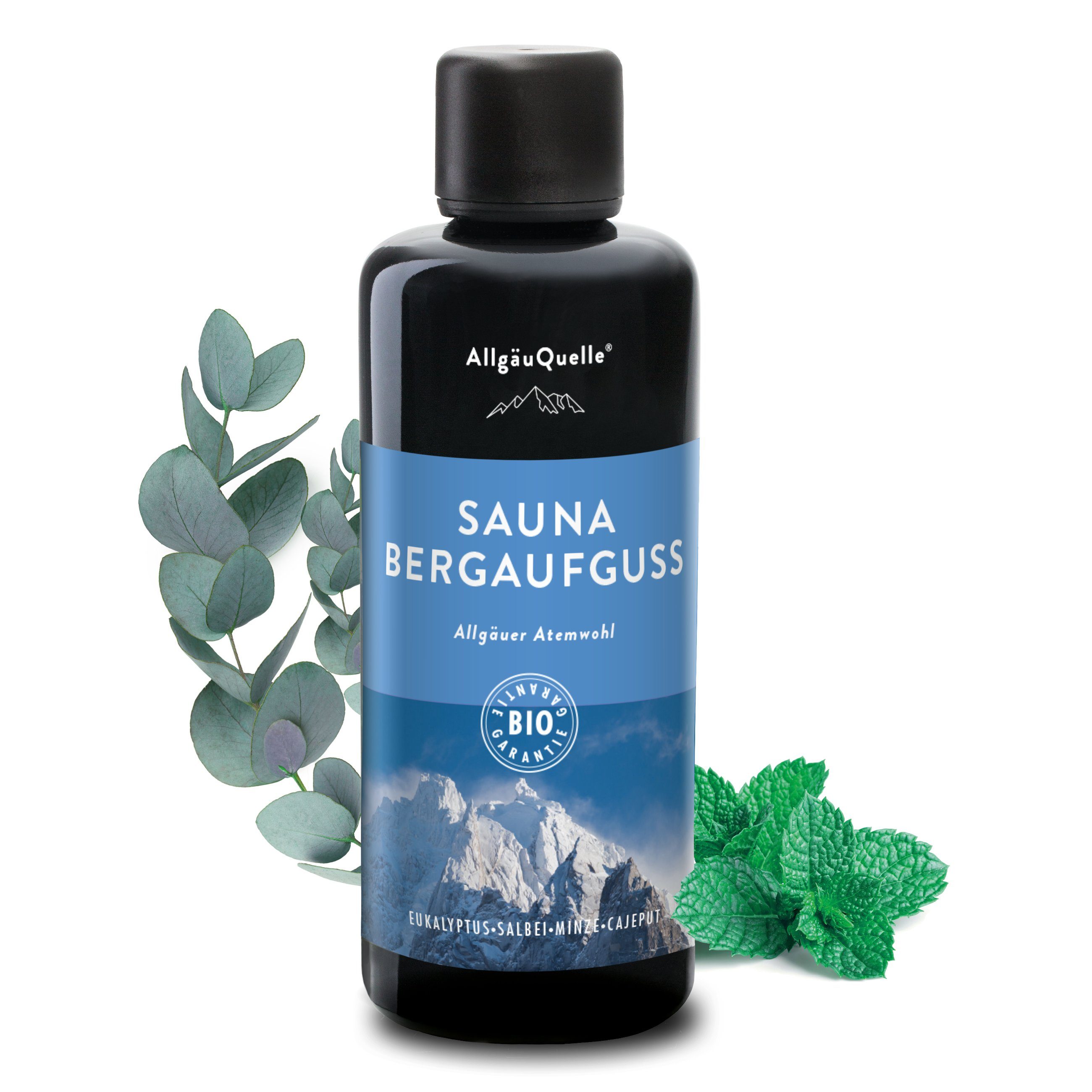 Allgäuquelle Sauna-Aufgussset Bio Saunaaufguss Bergaufguss Saunaduft (1 x 100ml) mit Eukalyptus, Salbei, Minze und Cajeput