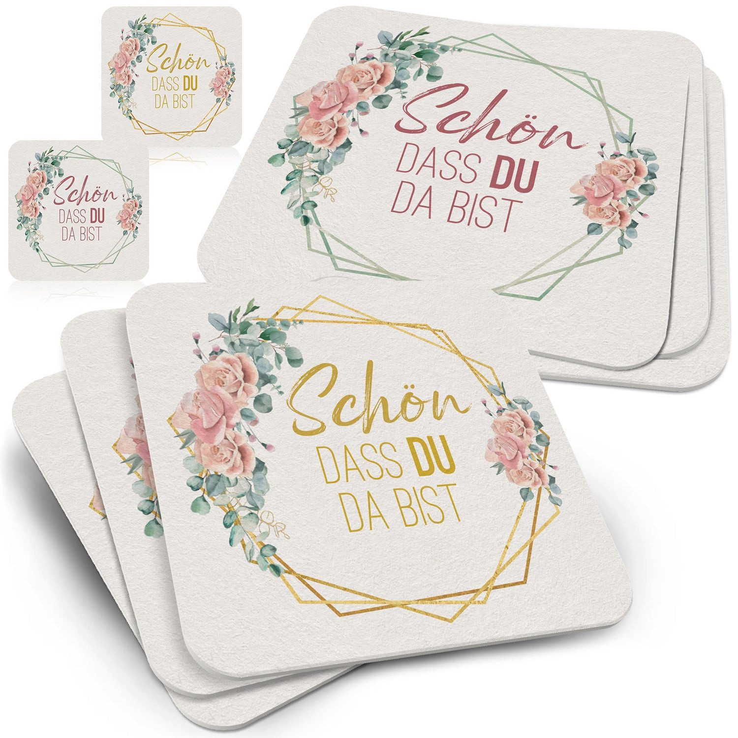 Funke & Brand Bierdeckel Schön, dass du da bist florales Design - 50x Ausgefallene Tisch-Deko
