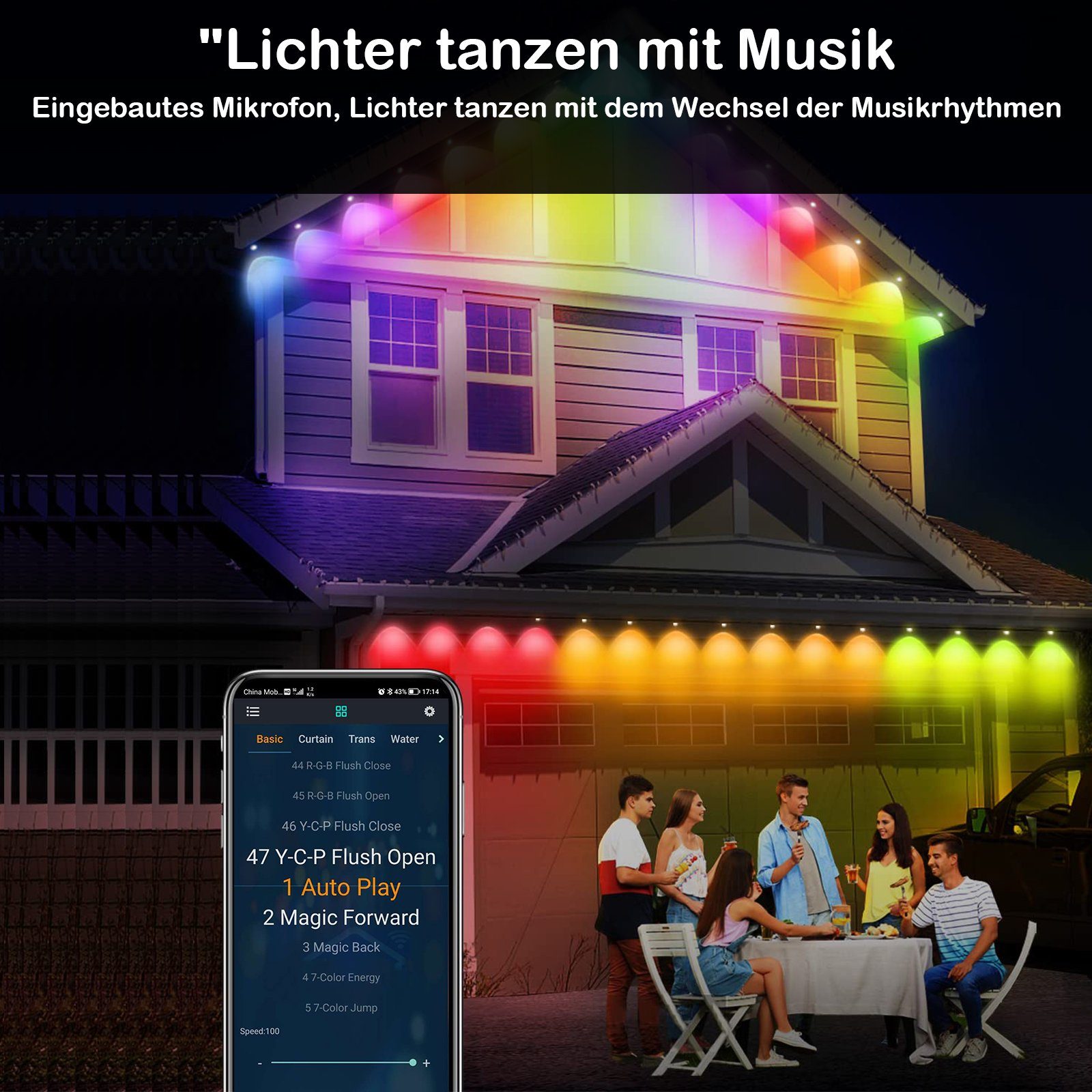 Rosnek Deko Hinterhof, Smart, Garten LED-Lichterkette RGB, für 10M, 25LEDS, Weihnachten Wasserdicht, Party Terrasse APP/Fernbedienung;
