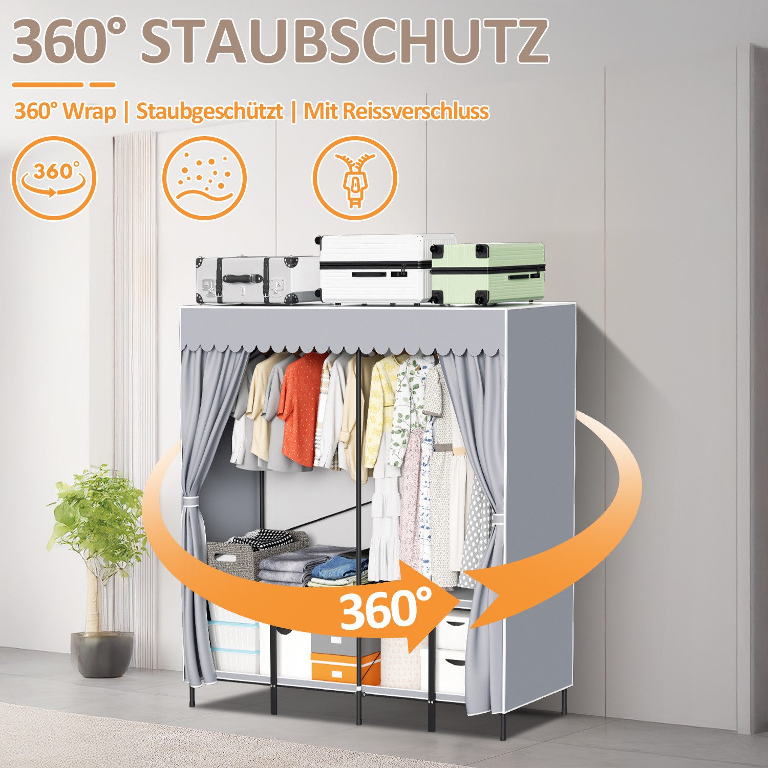 Clanmacy Kleiderschrank Kleiderschrank Stoffschrank Groß Faltschrank Stoff Stahlrohr Grau