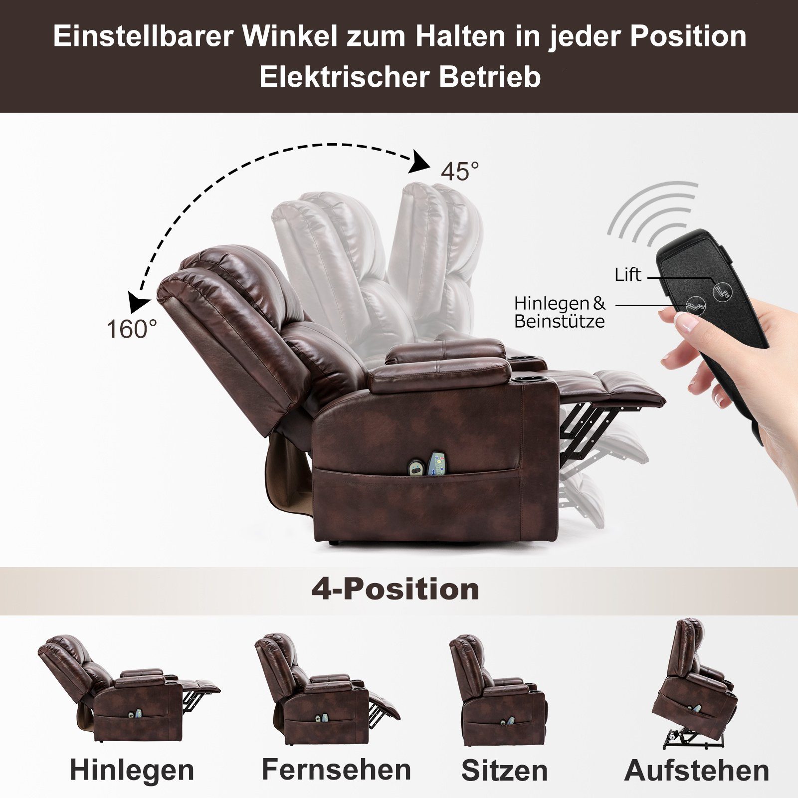 ältere und Powerlift-Liegestuhl Massagesessel braun COMHOMA mit & 2 Menschen, Massage Seitentaschen Heizung-Funktion Relaxsessel Getränkehalter, für