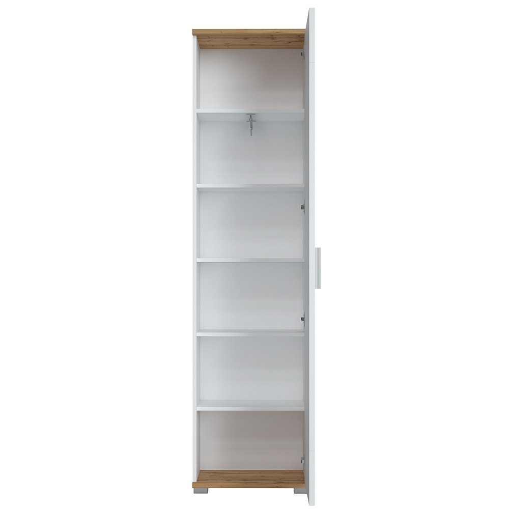 Lomadox Garderobenschrank HUESCA-129 mit Spiegeltür und ausziehbarer Kleiderstange, weiß Hochglanz + Eiche