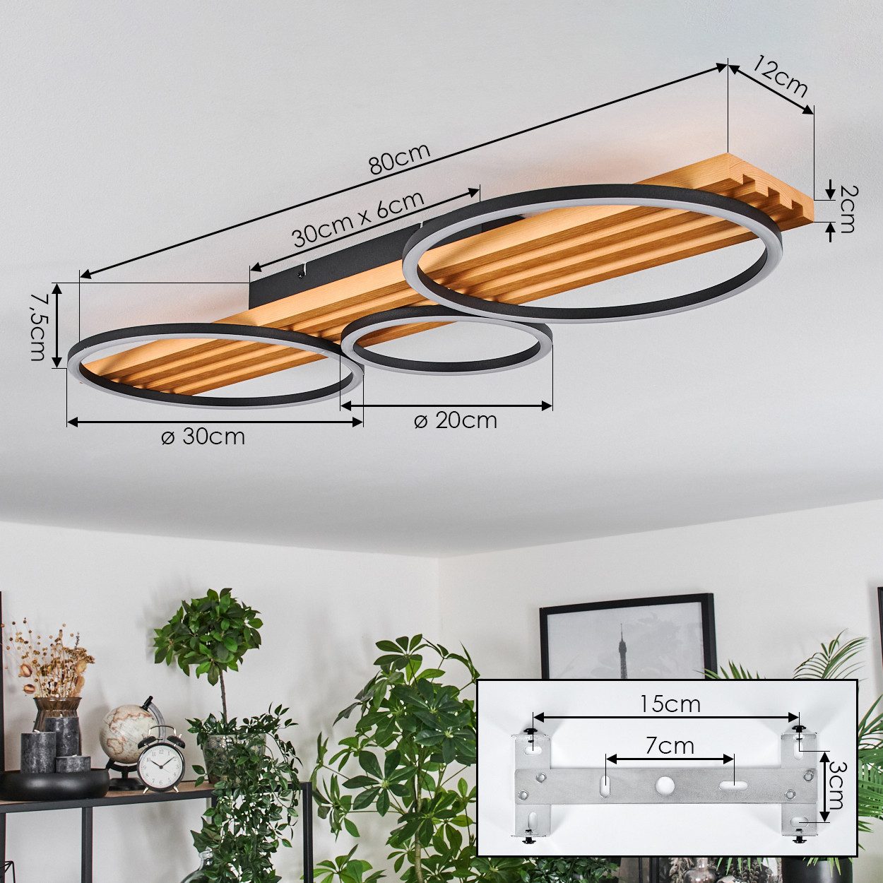 hofstein Deckenleuchte dimmbare Deckenlampe aus Holz/Metall/Kunststoff in Natur/Schwarz/Weiß, LED wechselbar, 3000 Kelvin, im skandinavischen Design, dimmbar üb – Bild 4 von 5
