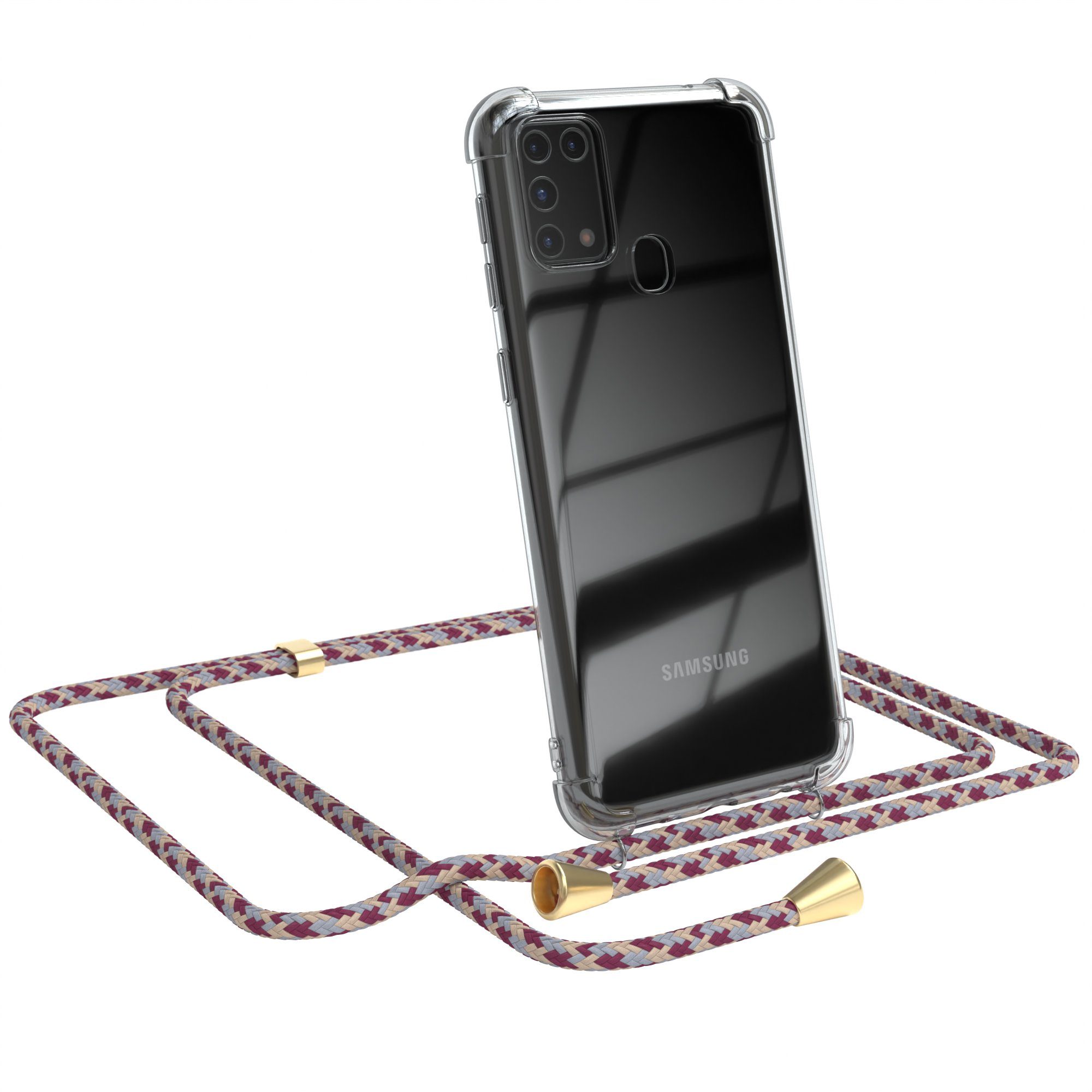 EAZY CASE Handykette Hülle mit Kette für Samsung Galaxy M31 6,4 Zoll, Hülle mit Umhängeband Bumper Case Hülle mit Band Rot Beige Camouflage