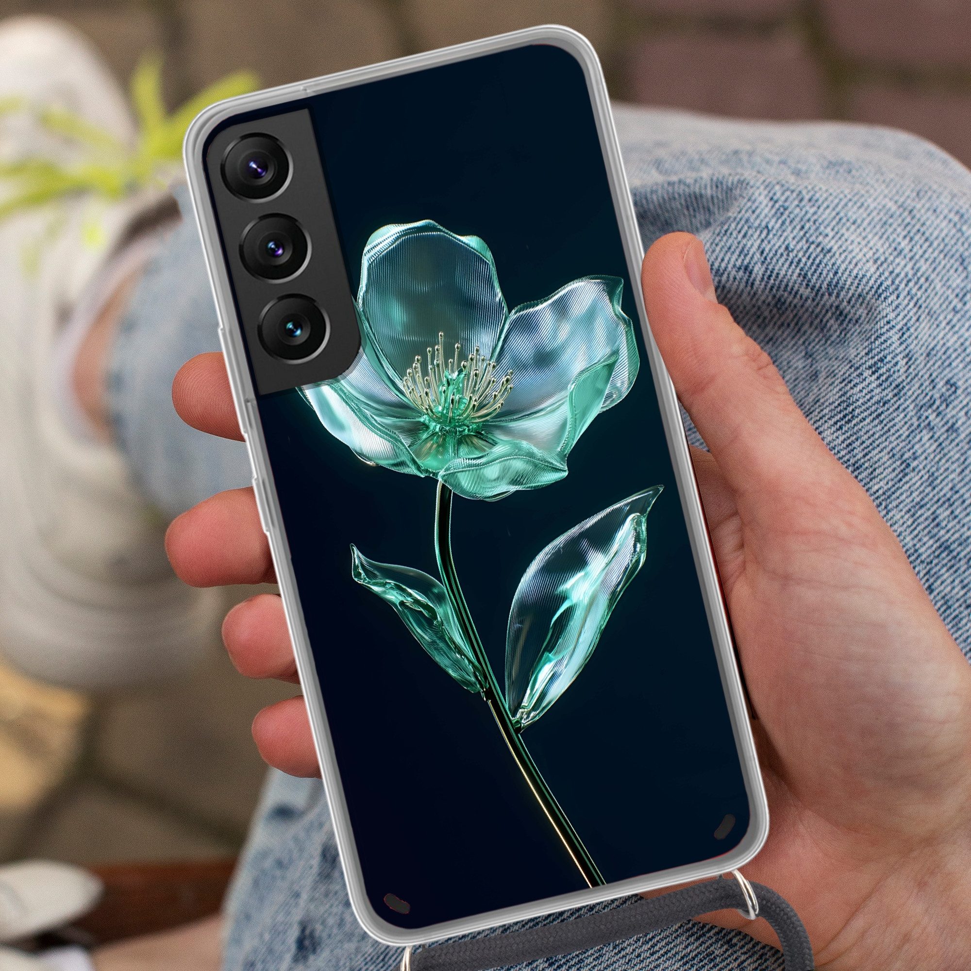 MuchoWow Handyhülle für Samsung Galaxy S22 Blätter - Blume - Gläser - Dunkelblau, Tragbare Handyhüllen mit Kette zum umhängen, Handykette Handyband