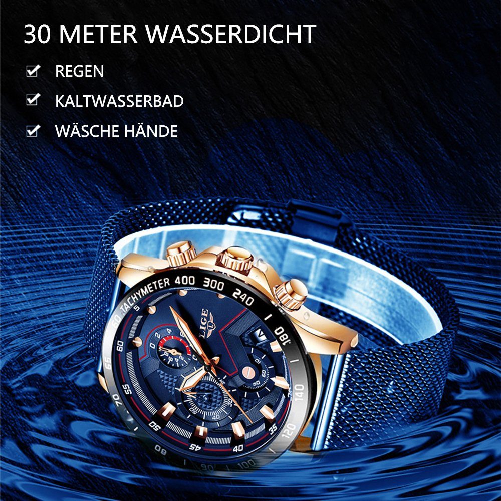 Gold, lässig Blau Strap analog Herrenuhr, Uhr Quarz modisch Uhr Chronograph Business, GelldG