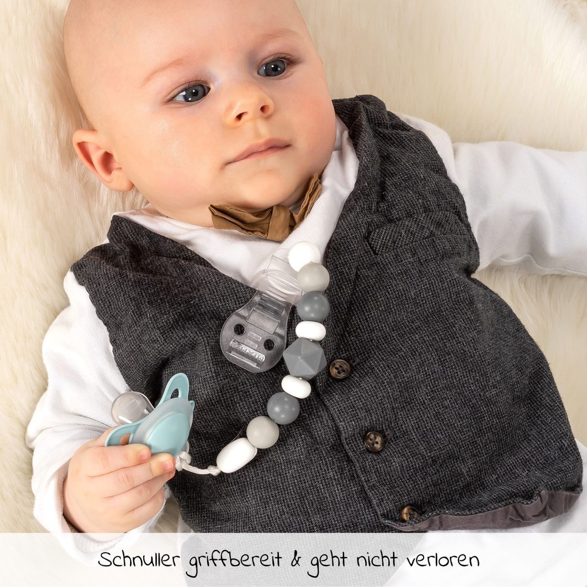 MiaMia Schnuller Grau Grün, 2x Schnullerkette Schnullerband mit Silikon Perlen, Gummiring & Clip