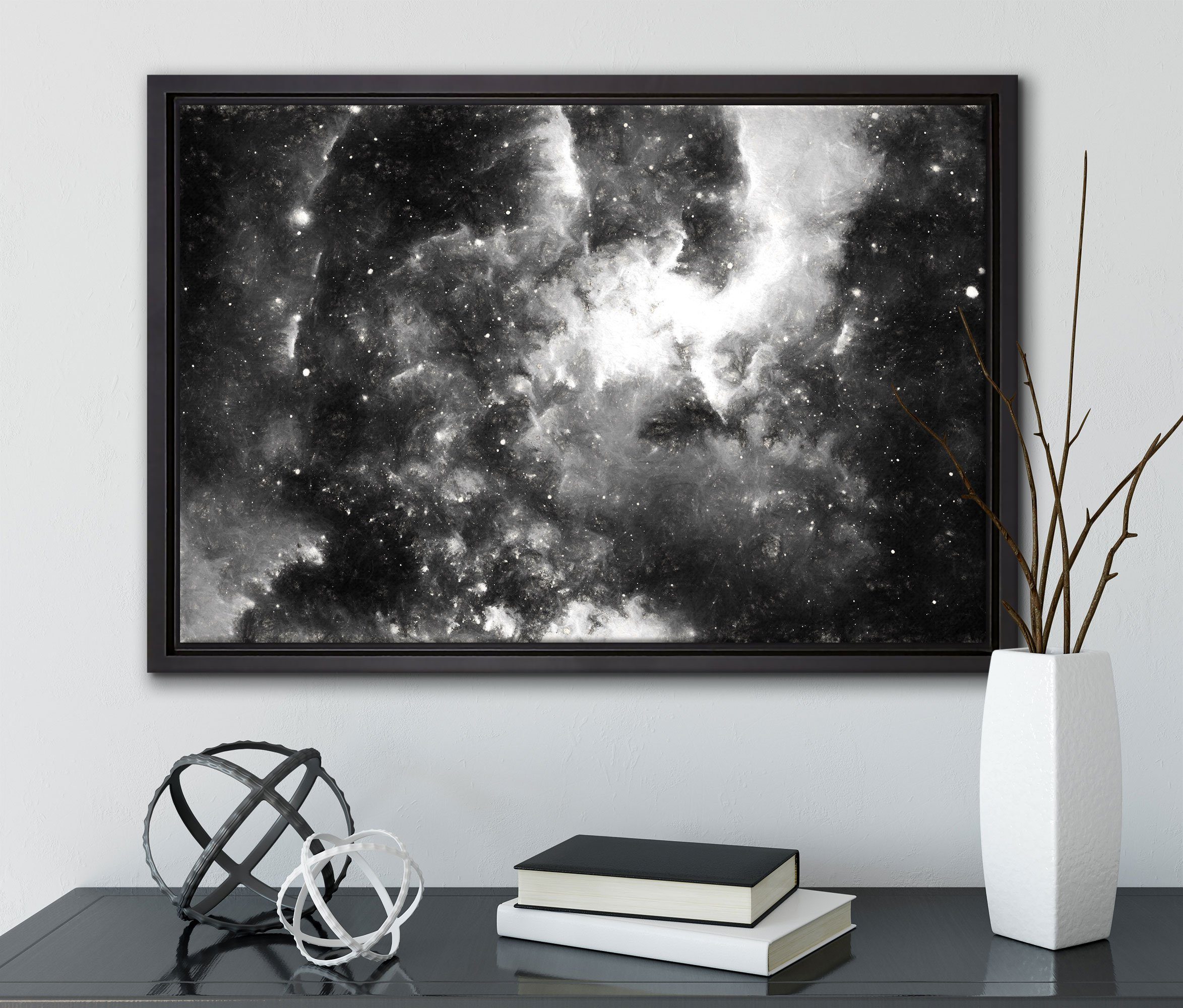 Sterne, fertig Wanddekoration Nebelgalaxie bespannt, Zackenaufhänger St), (1 in einem Leinwandbild gefasst, inkl. Pixxprint Schattenfugen-Bilderrahmen und Leinwandbild