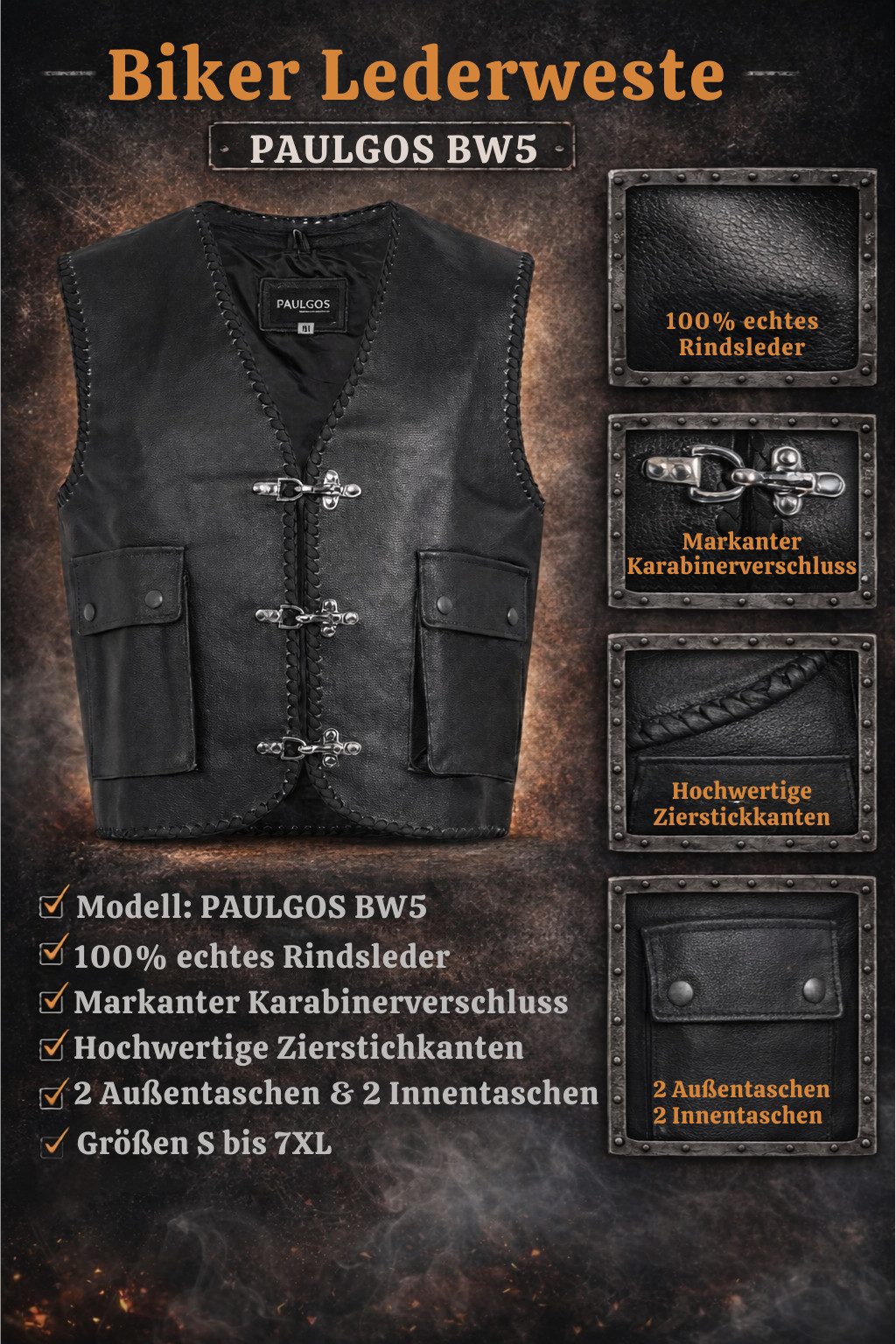 PAULGOS Motorradweste Lederweste Biker Kutte Clubweste Chopper Weste 100% Echtleder - BW5 – Bild 4 von 5