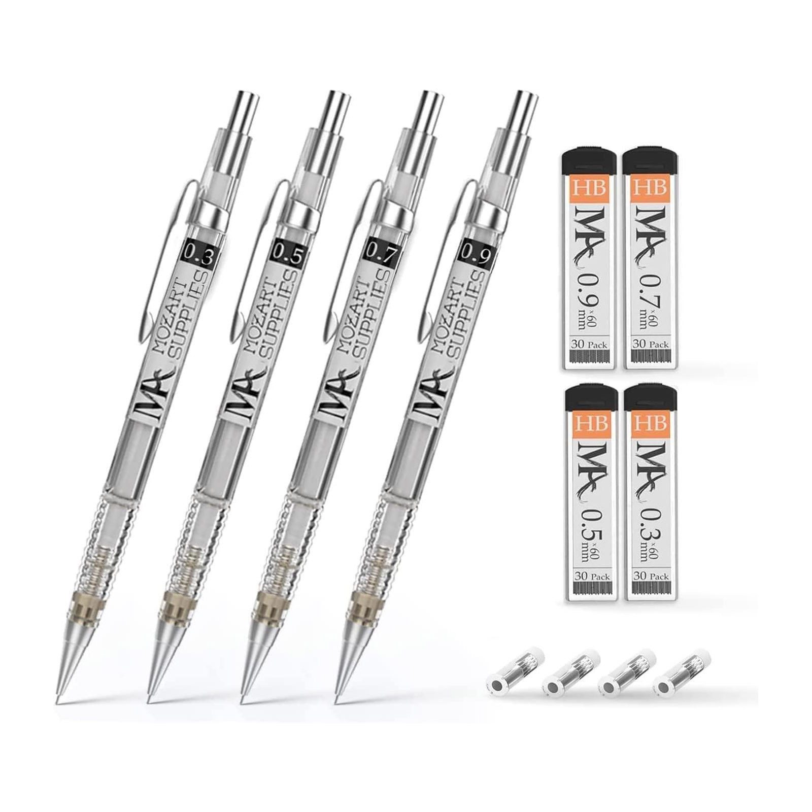 MozArt Supplies Druckbleistift 4er Set Skizzierstifte Minen 0,3 – 0,9mm Bleistift, mit Radiergummis, Ersatzminen & Etui