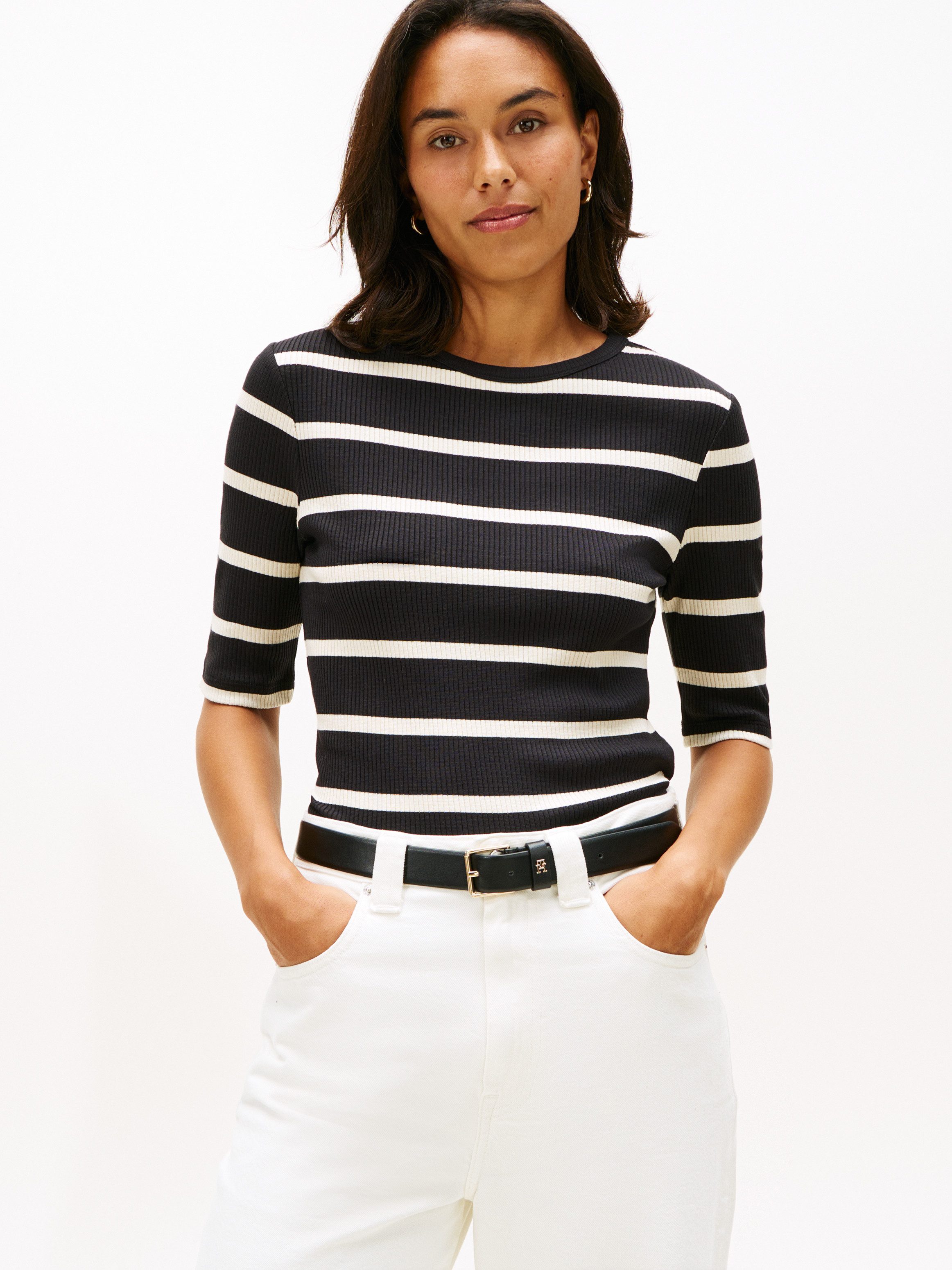 Tommy Hilfiger Kurzarmshirt SLIM 5X2 RIB C-NK 1/2 SLV mit Rundhals und Rippstruktur unifarben, casual, slim fit, Viskosemix, Rundhals