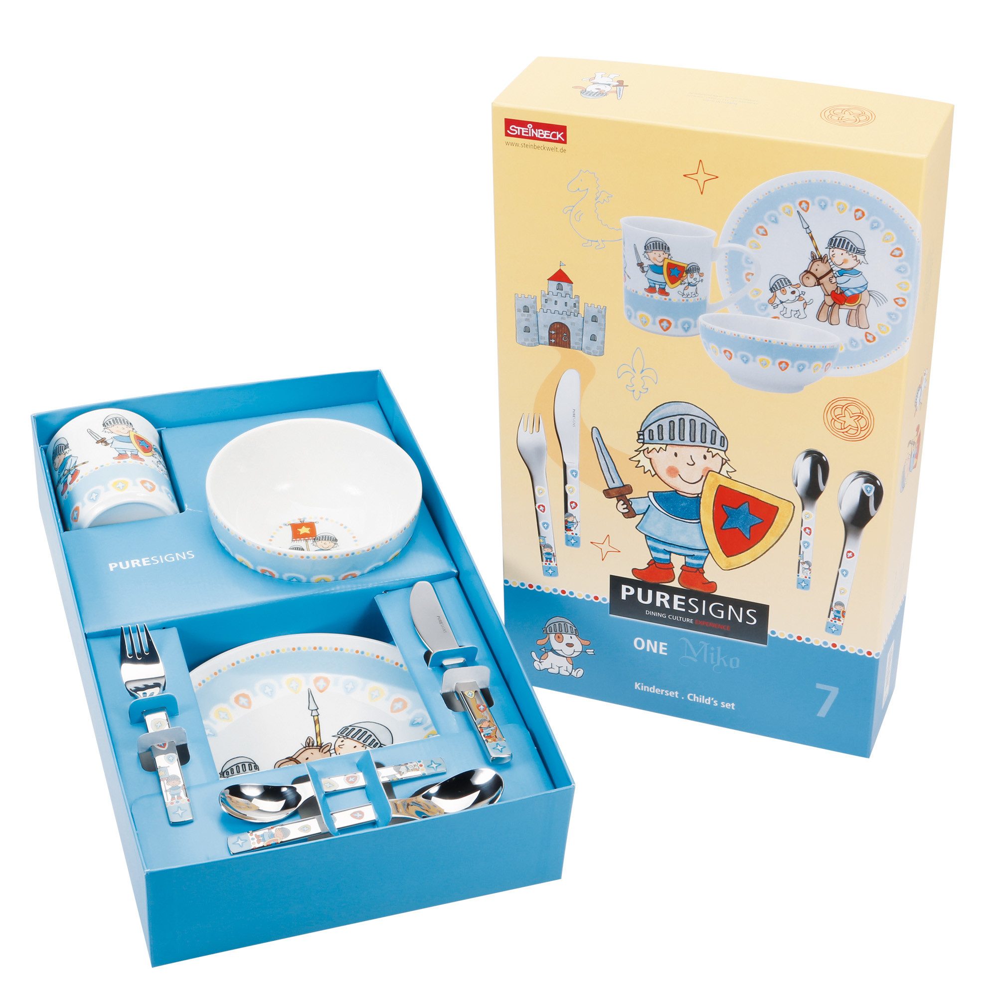 PURESIGNS Kindergeschirr-Set MIKO (7-tlg), 1 Personen, Edelstahl 18/10, Porzellan, Plastikfreier Essgenuss für die Kleinen