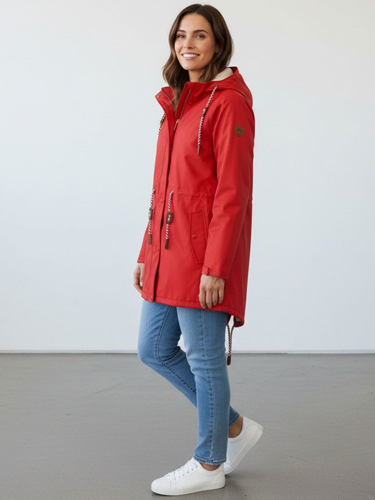 modAS Regenjacke Damen Regenmantel aus PU - Wasserdichte Jacke mit Teddy-Fleece-Futter