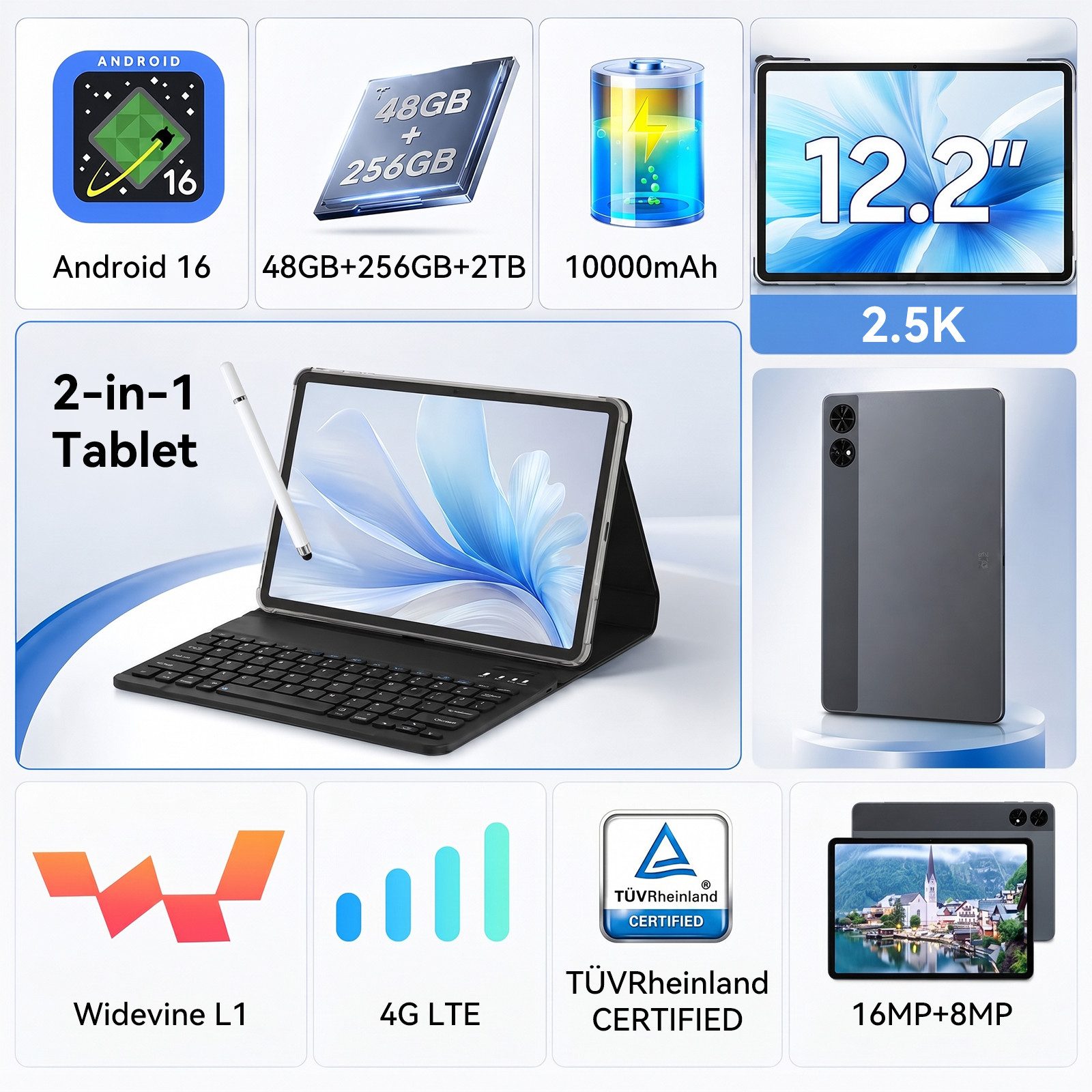 TABWEE 12,2" Android 16 4G LTE 10000 mAh Akku 256 GB Tablet (12.2", 256 GB, Android16, Android 16, 4G LTE, 5G Wifi, 10000 mAh Akku, mit Stift/Maus/Tastatur)