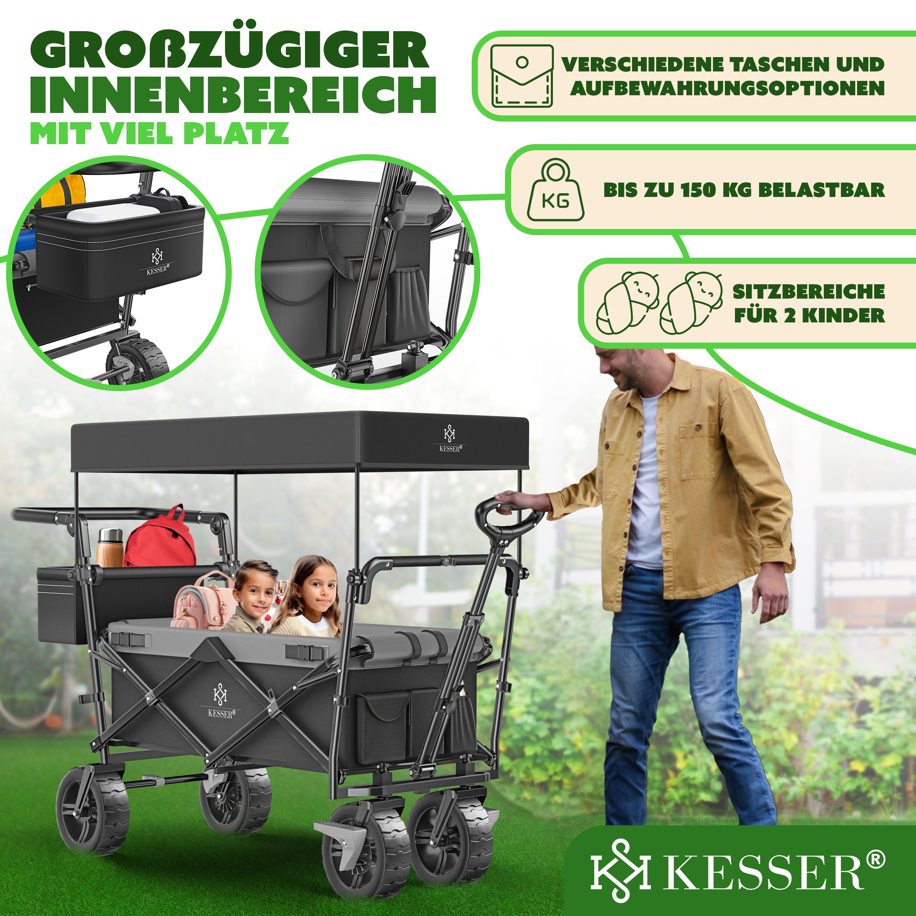 KESSER Bollerwagen, Bollerwagen faltbar GT9000 mit Dach Handwagen Transportwagen