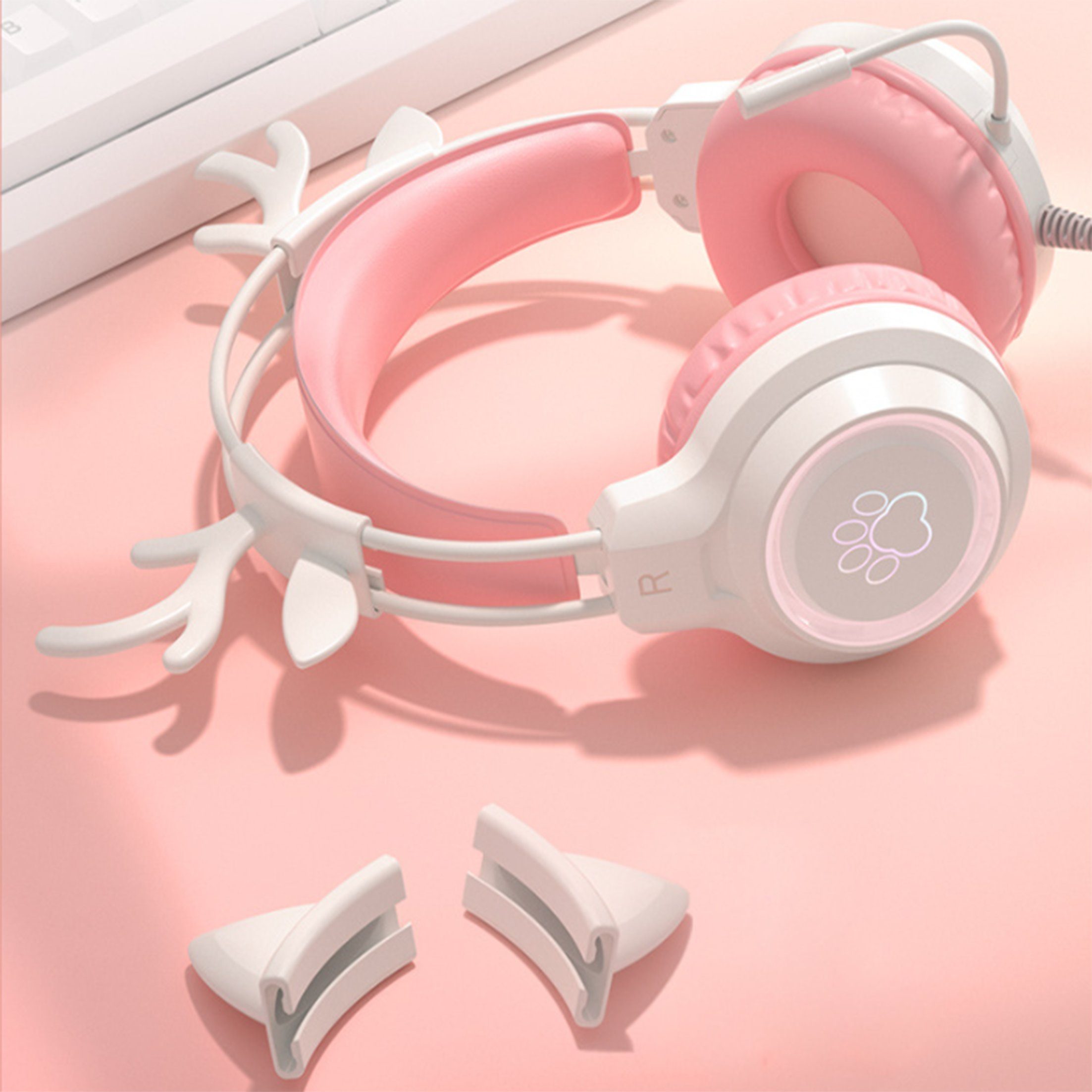 KINSI Headset,Gaming-Headset mit Rosa Over-Ear-Kopfhörer Katzenohren,Geräuschunterdrückung