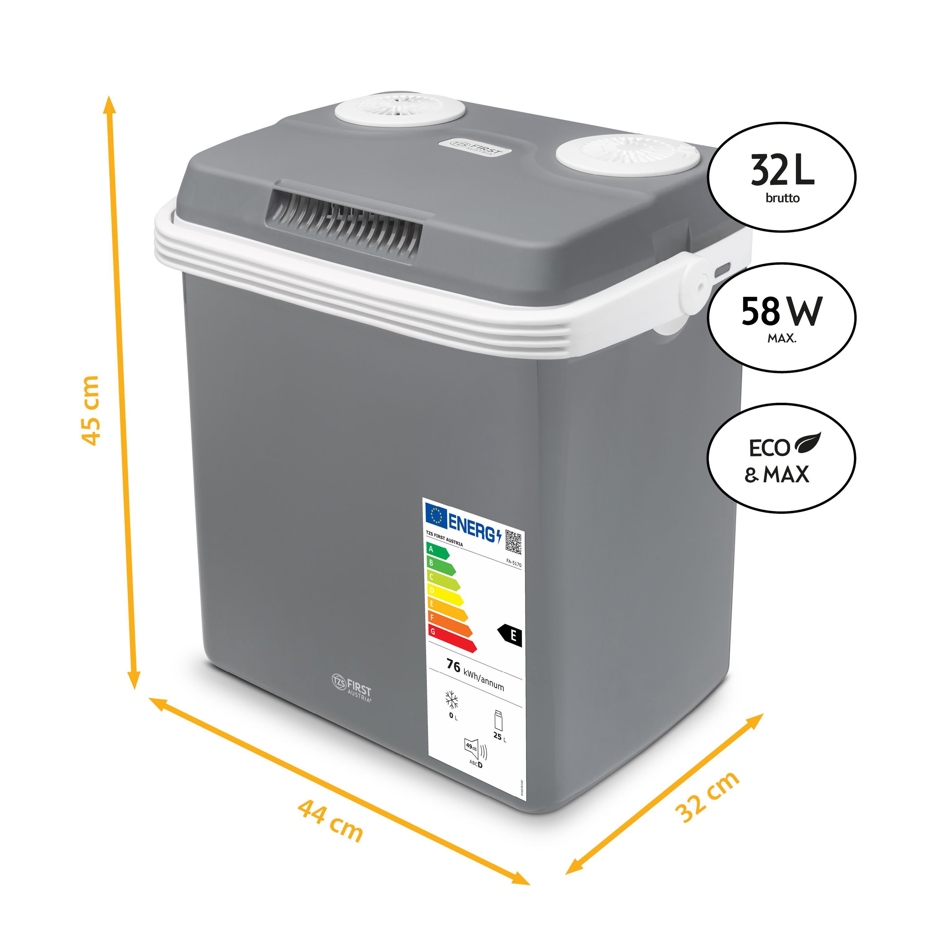 TZS FIRST AUSTRIA Elektrische Kühlbox 32L, Mini-Kühlschrank, 12V /230V Anschluss, 12-V-Stecker fürs Auto, für Camping, Festivals, Reisen, mit Kühl- und Warmhaltefunktion