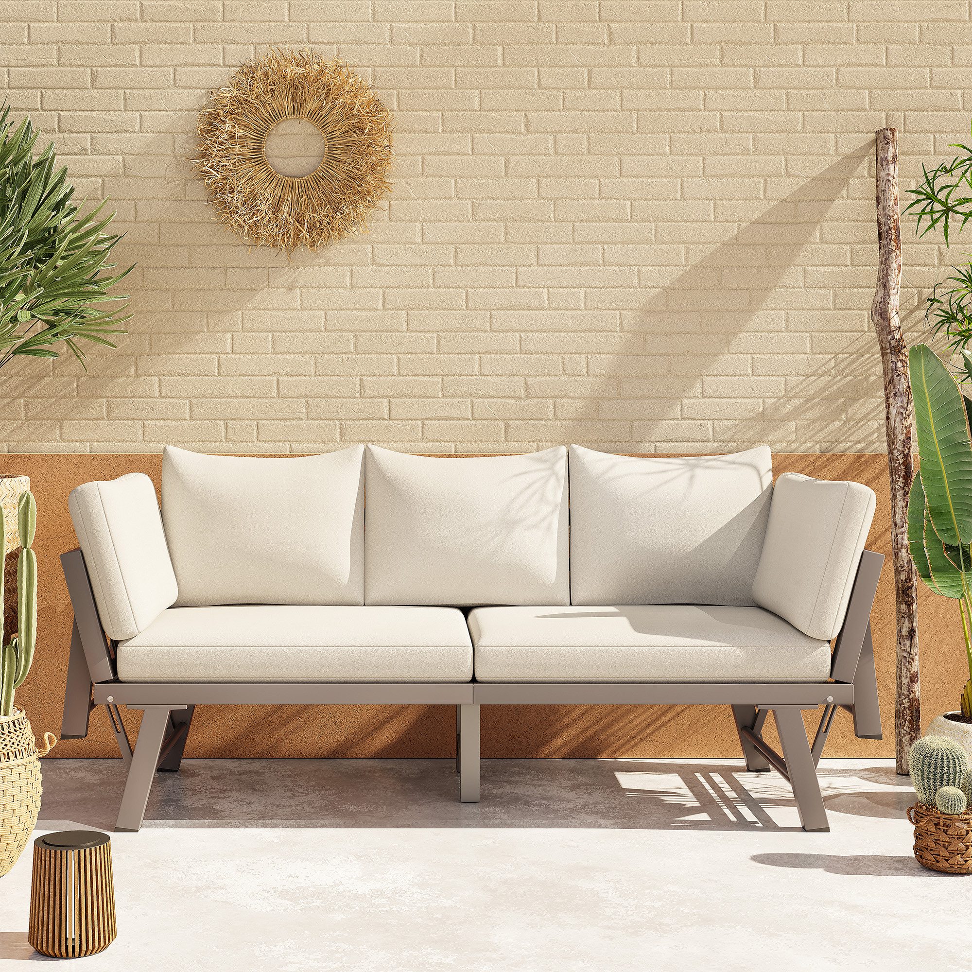 Flieks Balkonset, 3-Sitzer Gartenmöbel Gartensofa mit Liegefunktion (klappbare Armlehne)