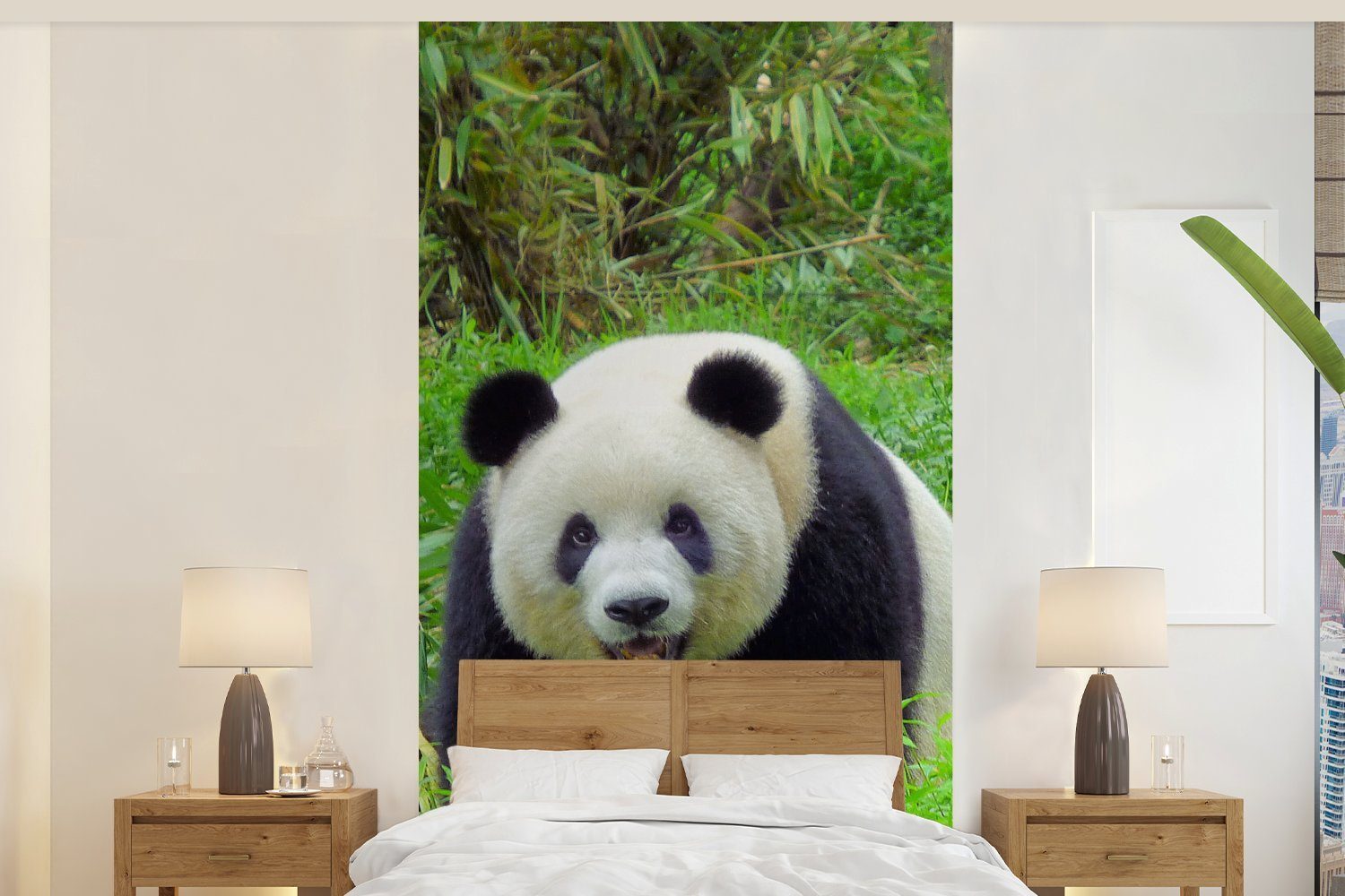 MuchoWow Fototapete Panda - Gras - Tier, Matt, bedruckt, (2 St), Vliestapete für Wohnzimmer Schlafzimmer Küche, Fototapete