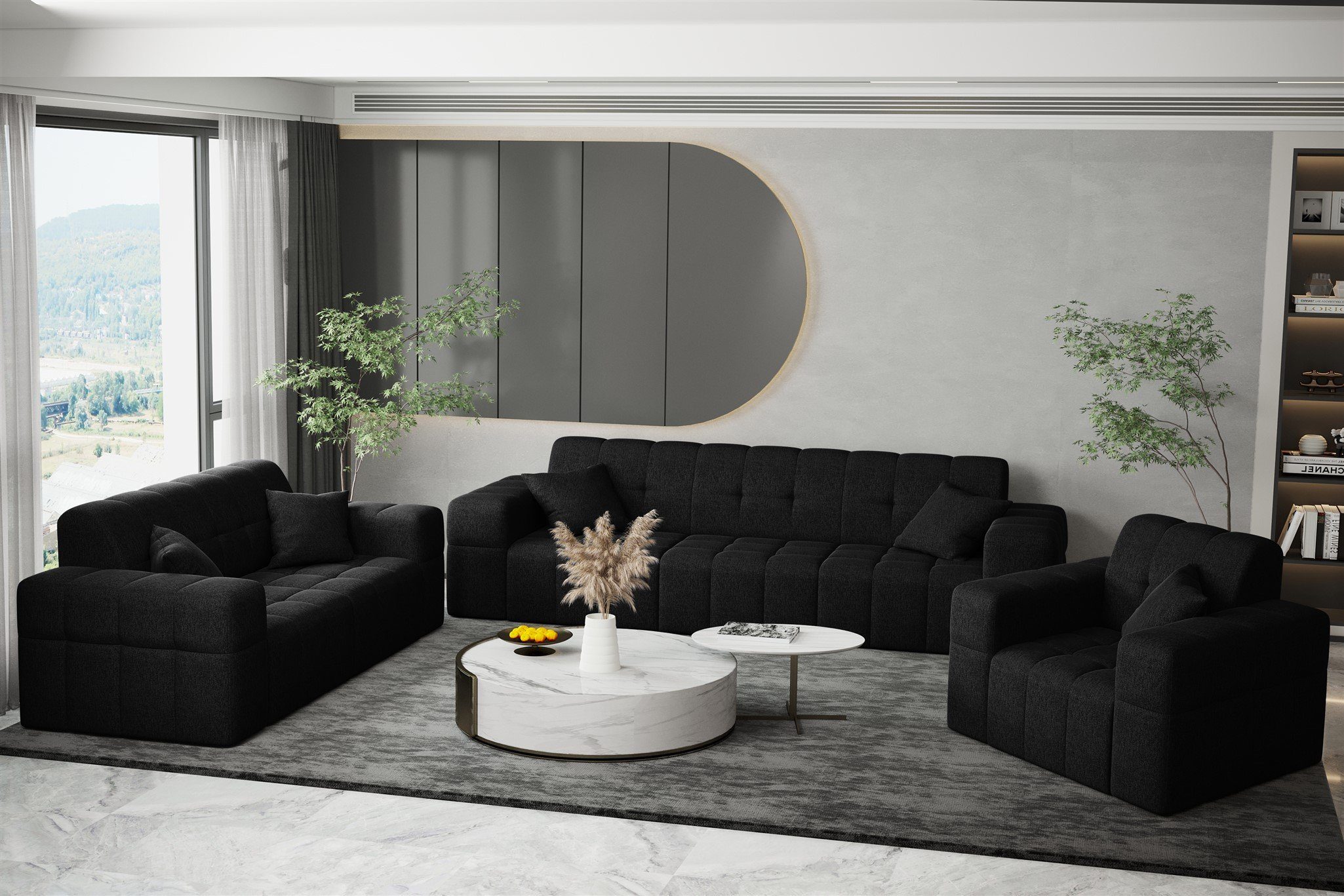 Fun Möbel NANCY Sofa Stoff Schwarz Rundumbezug Sofa in 3-Sitzer Designer-Sofa Neve