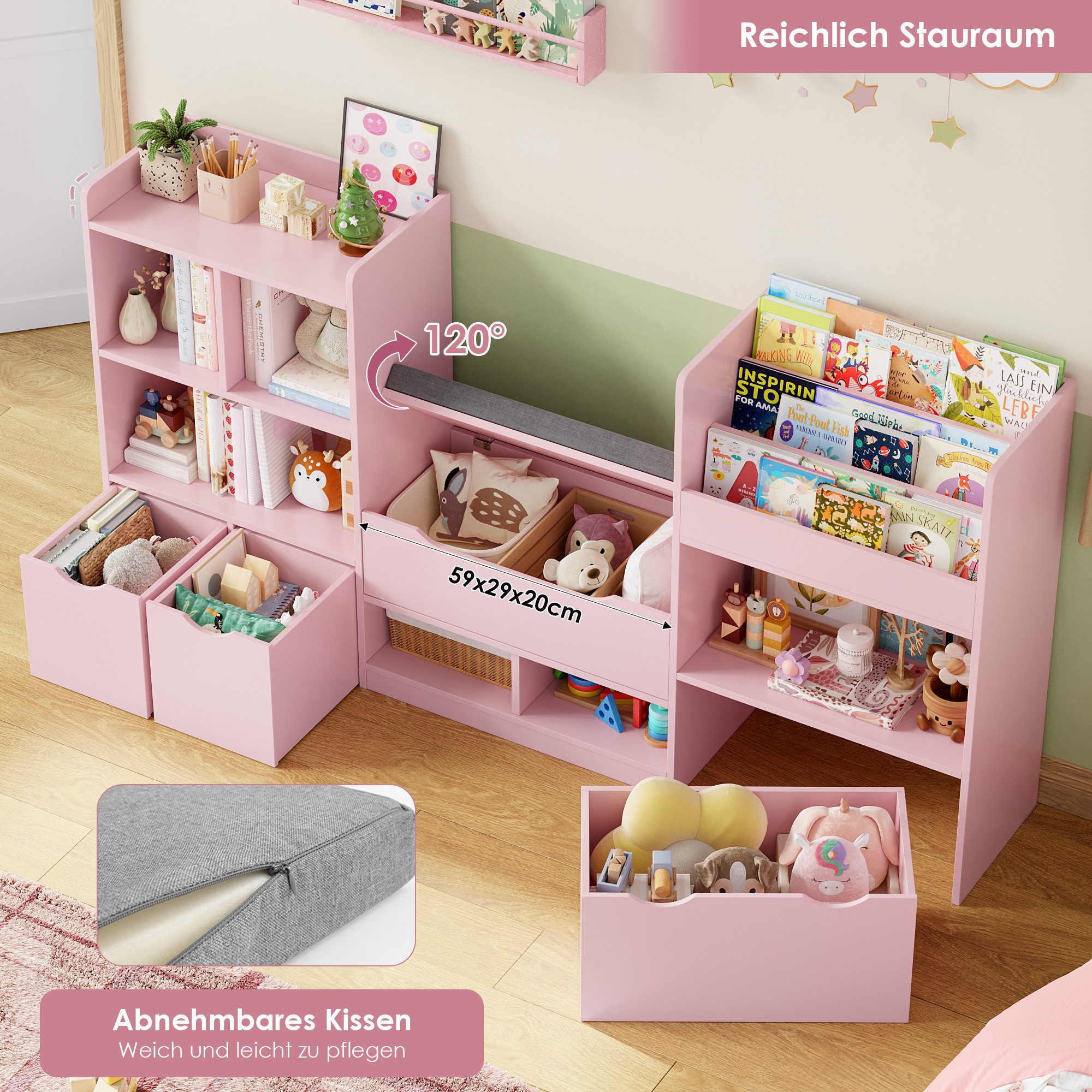 Homfa Sitzbank Kinderregal mit 3 Schubladen auf Räder 183x94x29,8 cm, Spielzeugregal mit 7 offenen Fächern Spielzeugtruhe weiß – Bild 5 von 5