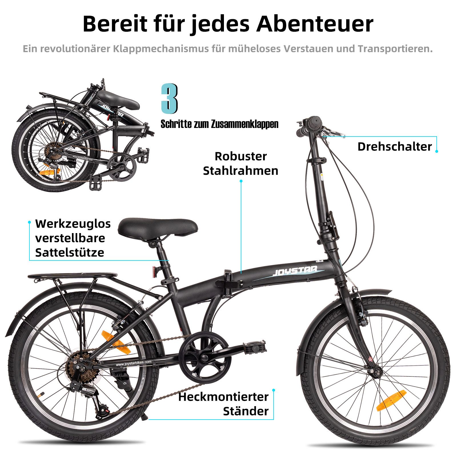 JOYSTAR Klapprad 20 Zoll leicht und praktisch Klappfahrrad für Erwachsene und Studenten, 20-Zoll-Rad mit 6-Gang-Schaltung, Doppel-V-Bremsen und leichtem Rahmen