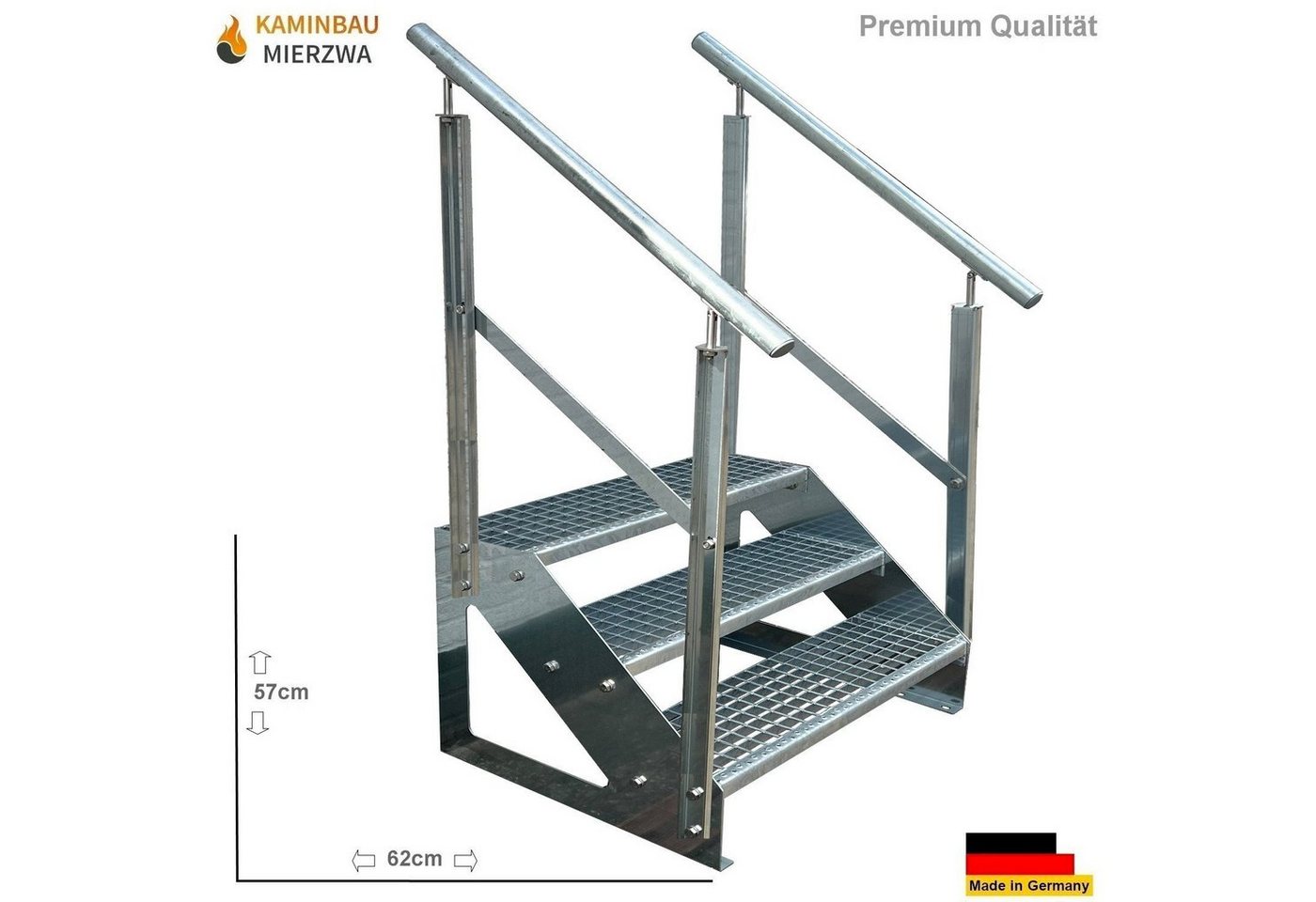 Thumbnail - Kaminbau Mierzwa Außentreppe Premium Treppe Verzinkt mit oder ohne Geländer, für Geschosshöhen bis 57.00 cm, Stufen Gitt...