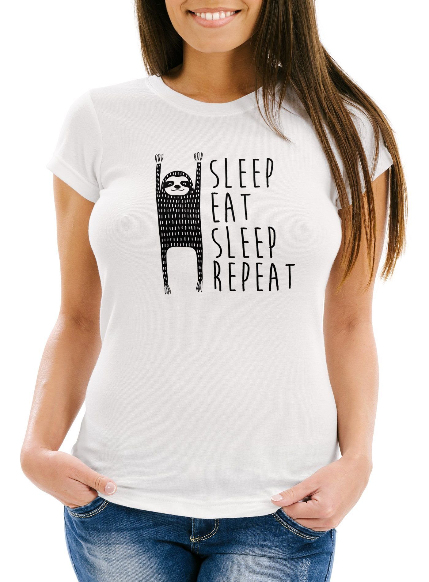 Print-Shirt Damen T-Shirt "Sleep Eat Sleep Repeat" Faultier Spruch Fun-Shirt