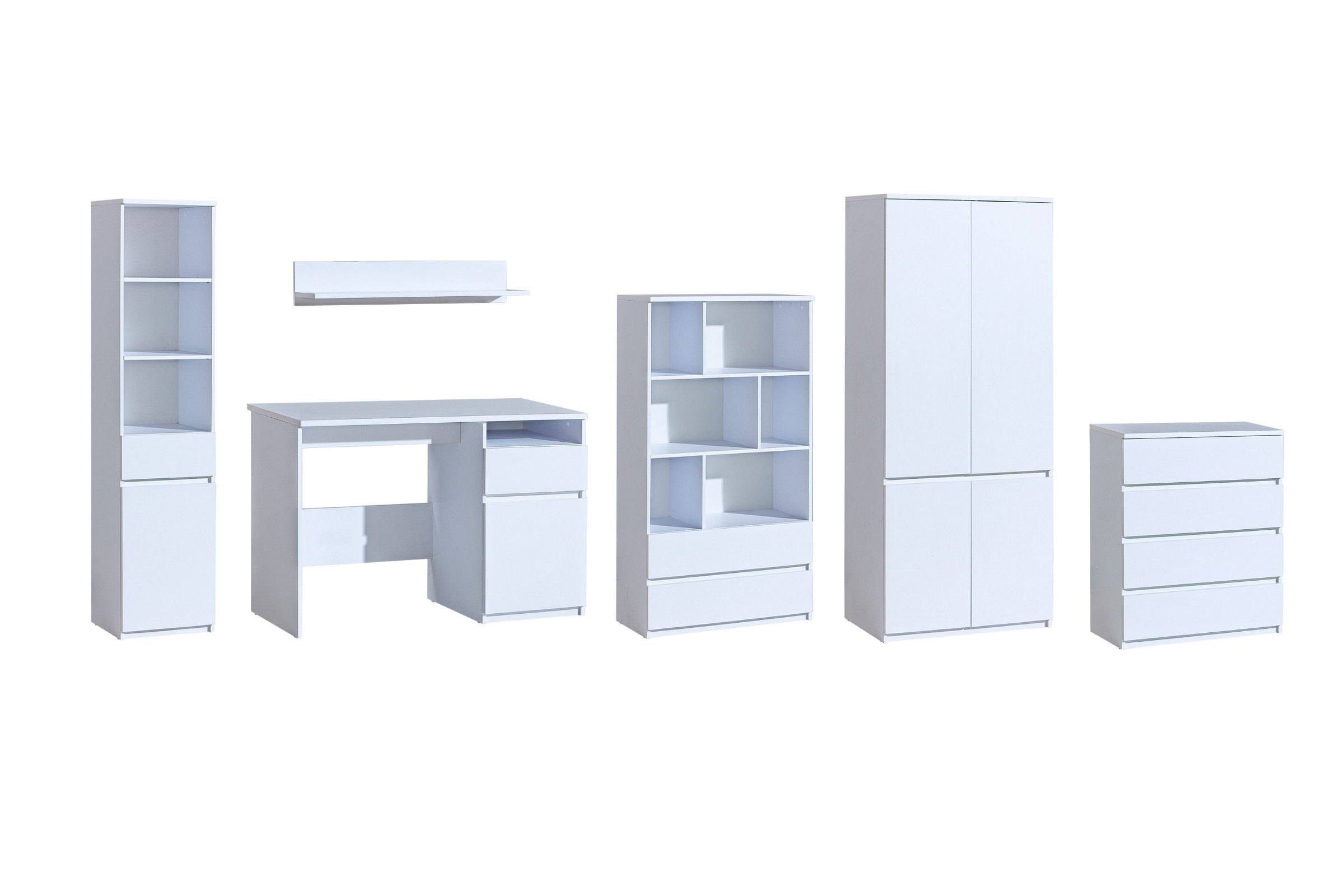 Deine Möbel 24 Jugendzimmer-Set ARCO A Kinderzimmer-Set Kindermöbel Jugendmöbel, (Set, 6-tlg., Kleiderschrank Kommode Schreibtisch Regal Hochkommode Hängeregal), 1+3+7+5+4+8 Weiß Matt