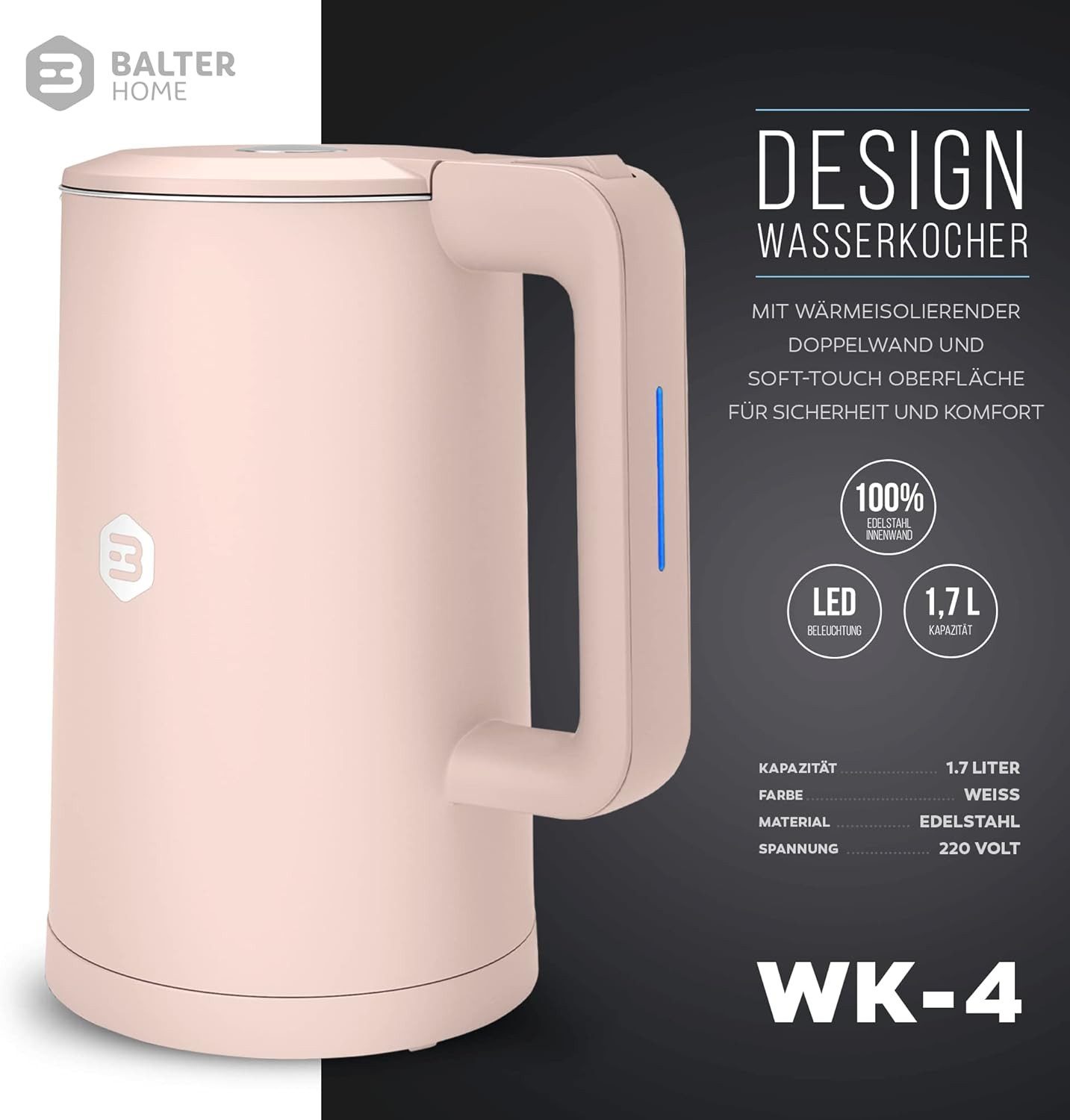Balter Wasserkocher leistungsstarker Teekocher mit One-Touch Öffnung, 1.7 l, 2200,00 W, kabelloser Wasserkocher, BPA frei