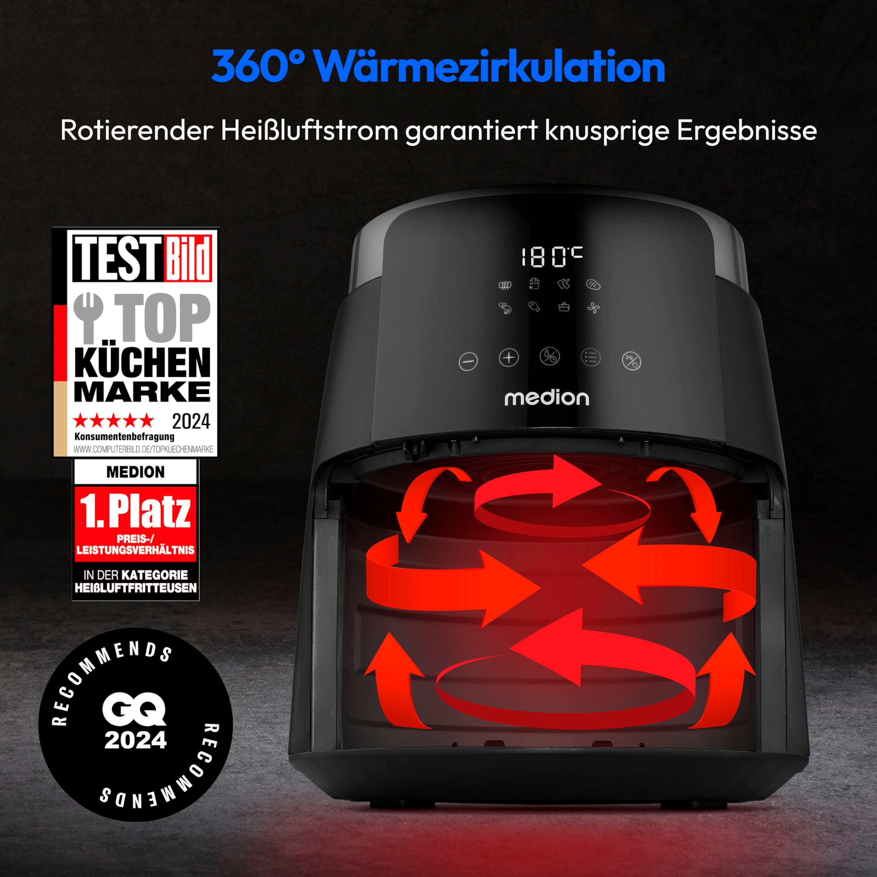 Medion® Heißluftfritteuse MD13030, 1500 W, 4,7 Liter, ölfreies Frittieren, 60 Min Timer, Antihaft-Beschichtung
