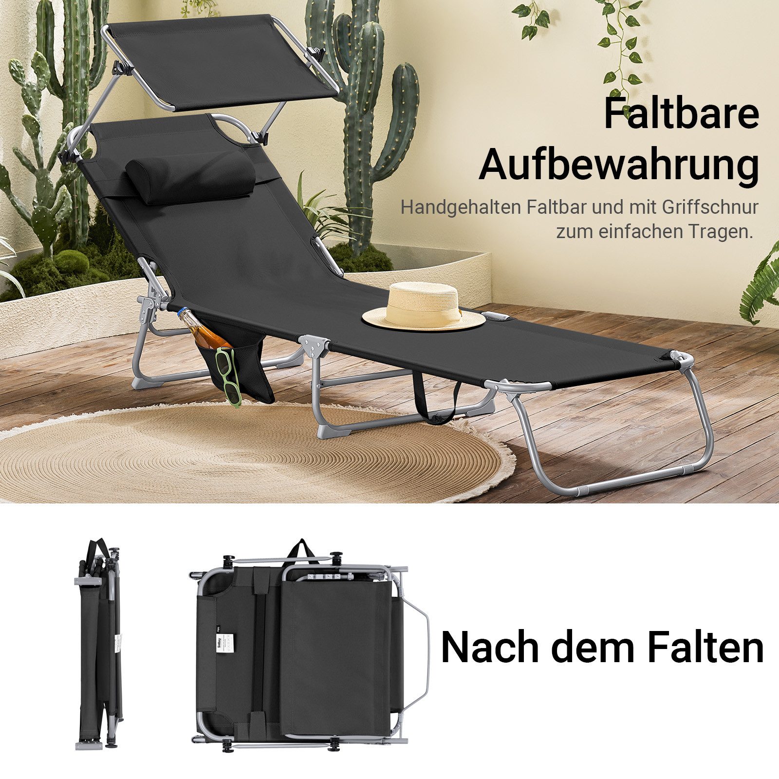 SoBuy Gartenliege OGS48, Sonnenliege klappbar, Liegestuhl Strandliege Gartenmöbel, Sonnenliege mit Sonnendach Gartenliege klappbar für Gärten Balkon