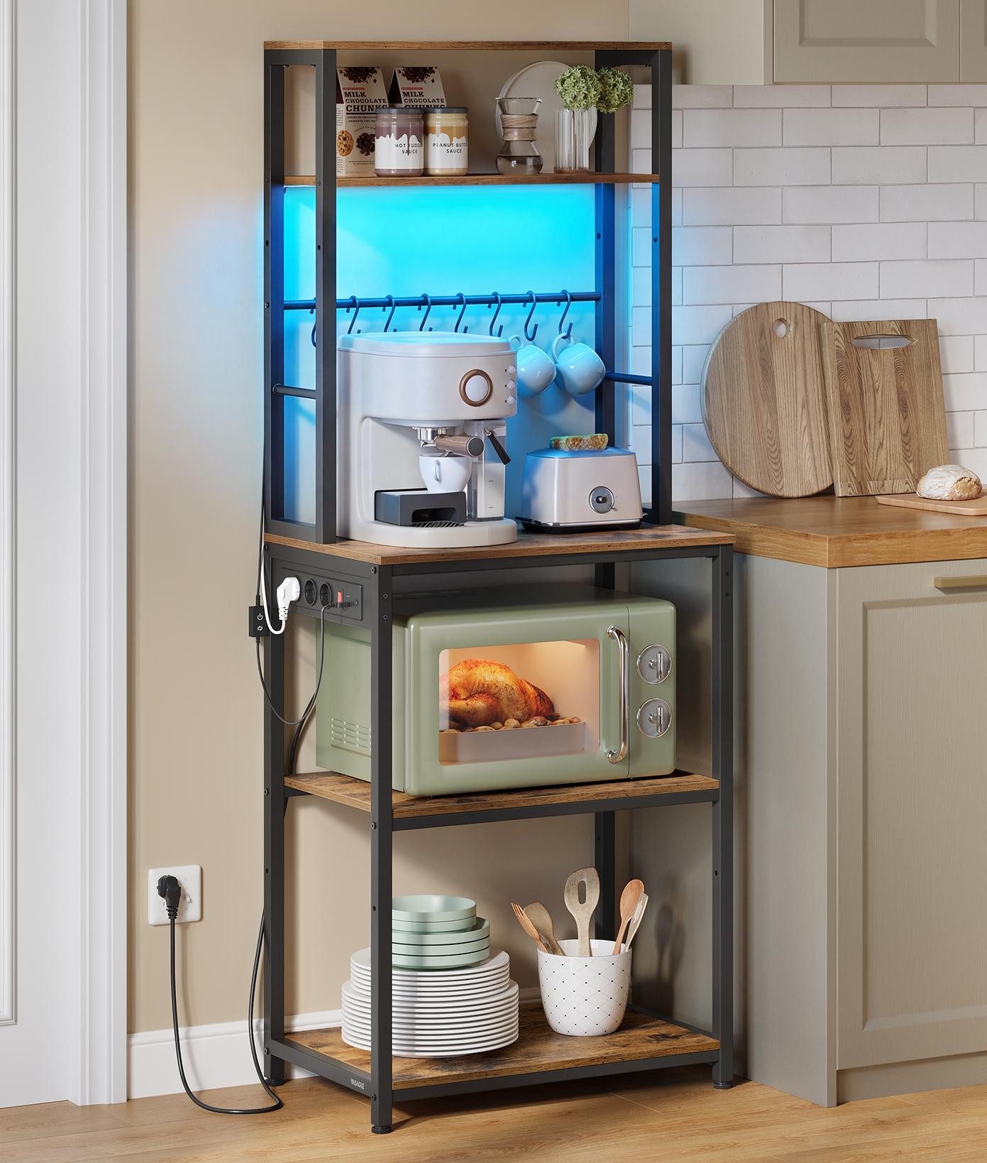 VASAGLE Standregal Küchenregal mit LED-Beleuchtung, Steckdosen, 8 Haken, mit verstellbaren Ablagen, 60 cm Breite, gesamtbelastbarkeit 190,4 kg