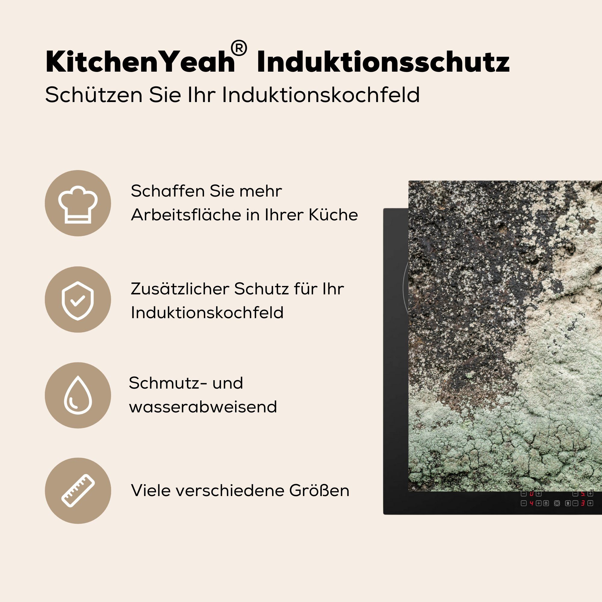 - Herdblende-/Abdeckplatte Grün, Vinyl, MuchoWow Moos für tlg), Grau 78x78 (1 Ceranfeldabdeckung, küche cm, - Arbeitsplatte