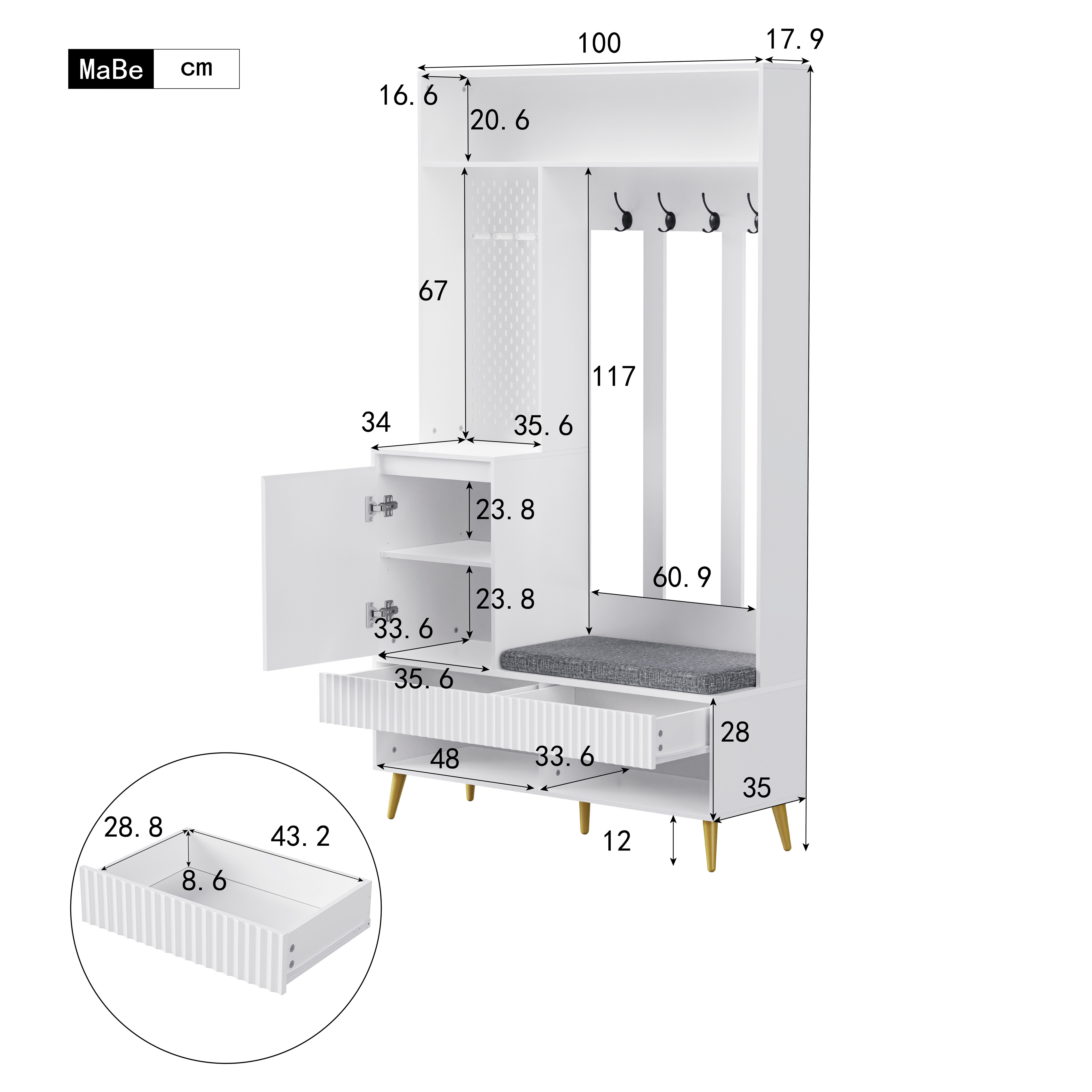 Flieks Garderoben-Set mit Schuhschrank, Kleiderhaken, Pegboard, Schubladen und Türen, (1-St., B100/T35/H180 cm), Garderobenständer mit Schuhregal, Sitzfläche un – Bild 5 von 5