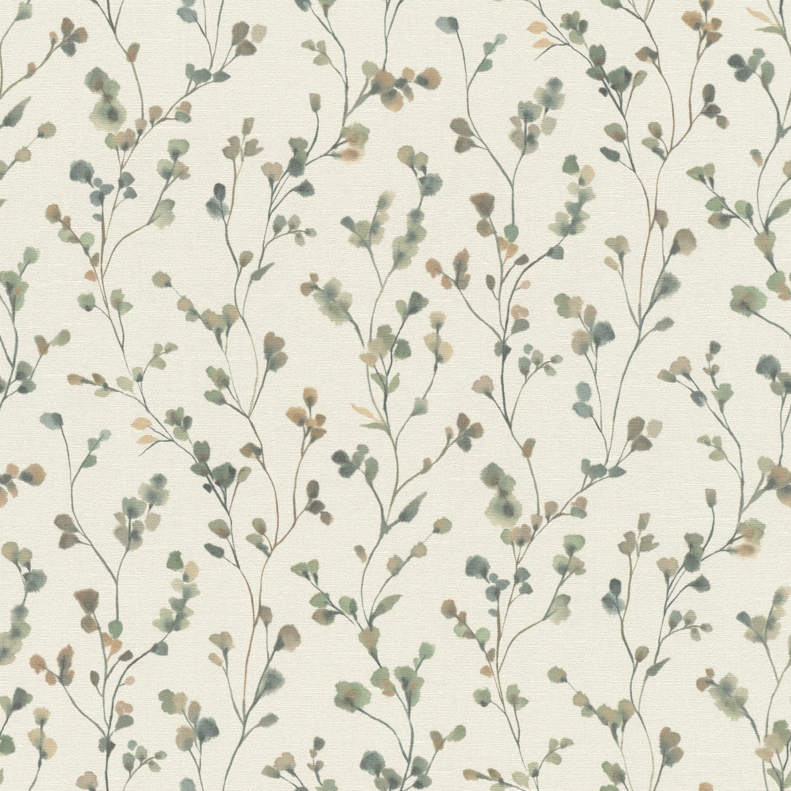 Rasch Vliestapete Streublumen Ranken in Aquarelloptik - Vinyltapete Beige Braun Grün, floral, Aquarelloptik, matt, Textiloptik, (1 Rolle, 1 St., Kollektion 'Country Charme' - 10,05 m x 0,53 m), Lichtbeständige Farben - Feucht abwischbar - Restlost abziehbar