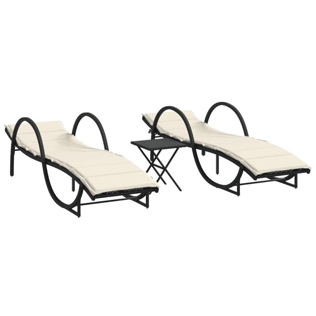 Gartenliege Sonnenliegen 2 Stk. mit Tisch Schwarz Poly Rattan