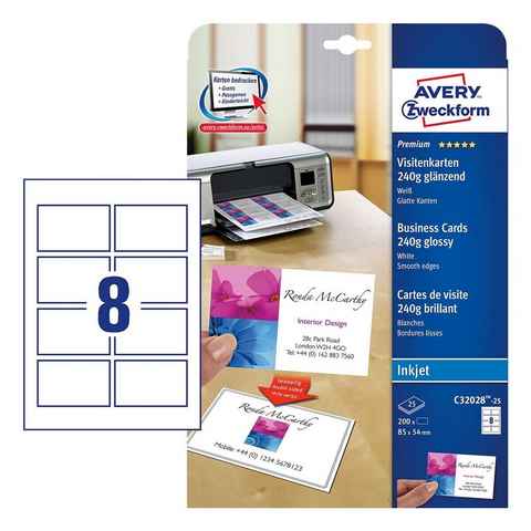 Avery Zweckform Visitenkarten C32028-25, weiß-hochglänzend, ohne Perforation, 240 g/m²