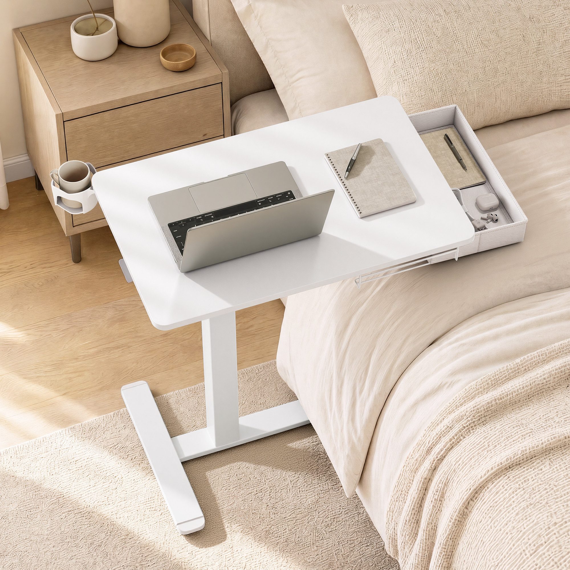 VASAGLE Schreibtisch Höhenverstellbarer Schreibtisch Laptoptisch mit Schublade und Rollen, 70 x 45 cm Für Schlafzimmer und Wohnzimmer mit Getränkehalter – Bild 2 von 5