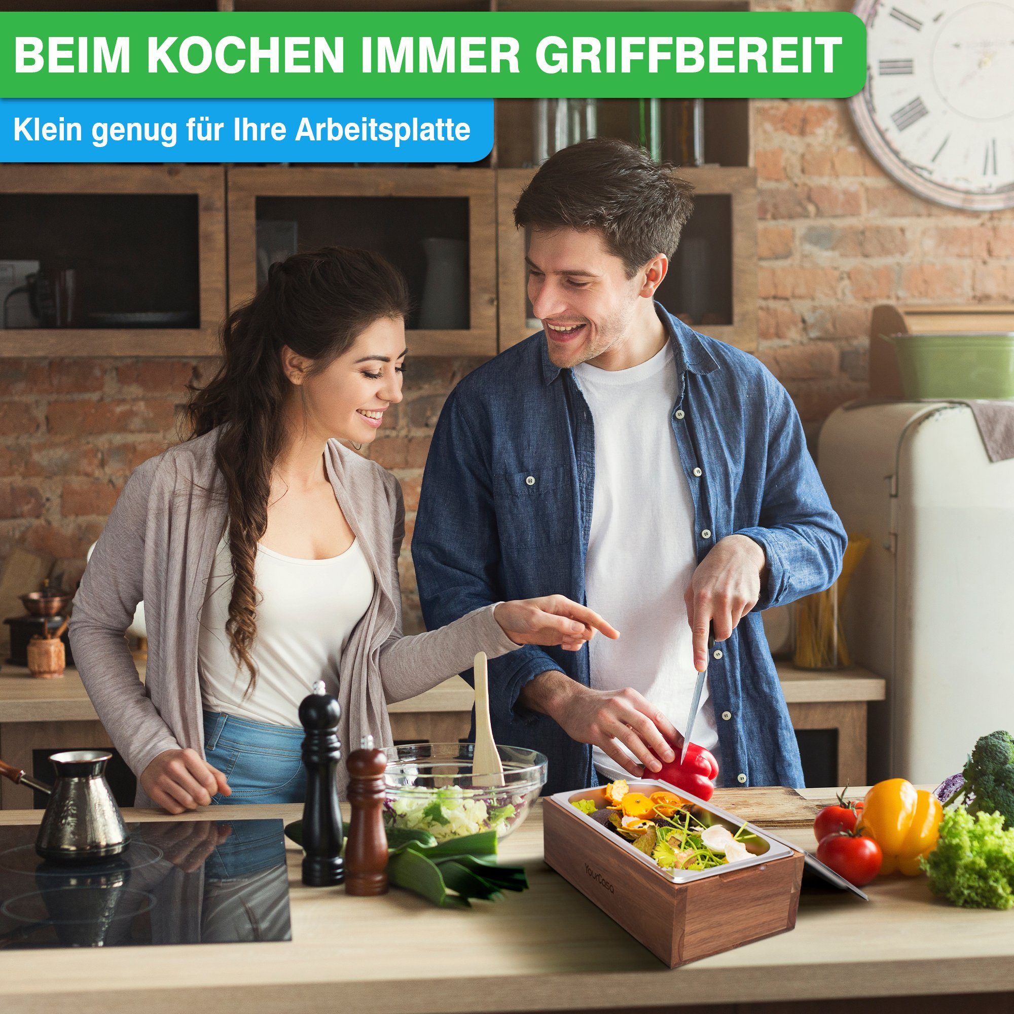 YourCasa Biomülleimer Küche - Echtholz & Edelstahl für alltäglichen Bio Müll - Komposteimer, Fassungsvermögen, 4l, Edelstahl – Bild 2 von 5