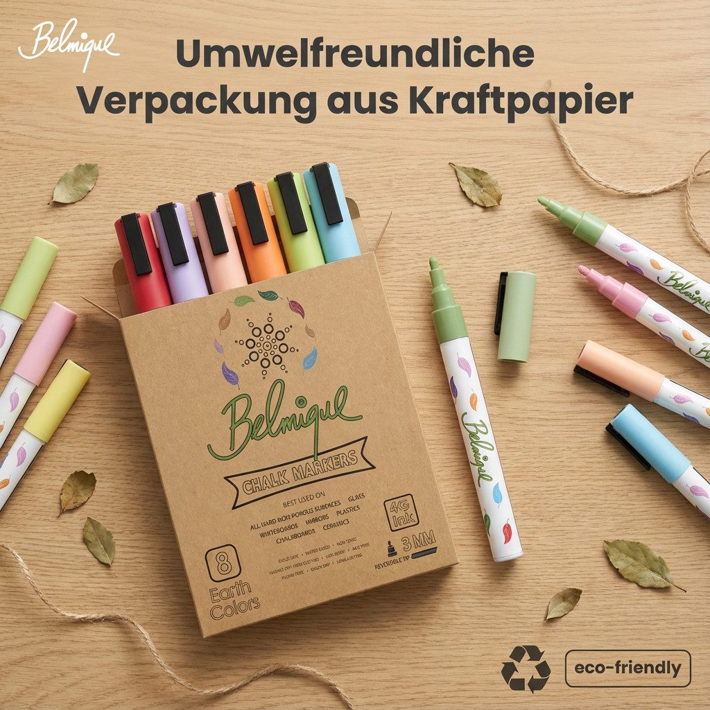Belmique Malkreide Kreidemarker - Kreidestifte Pastellfarben, (Set, 8-tlg), Ideal für Tafel, Fenster, Whiteboard - Feine Rund-& Schrägkeilspitze – Bild 5 von 5