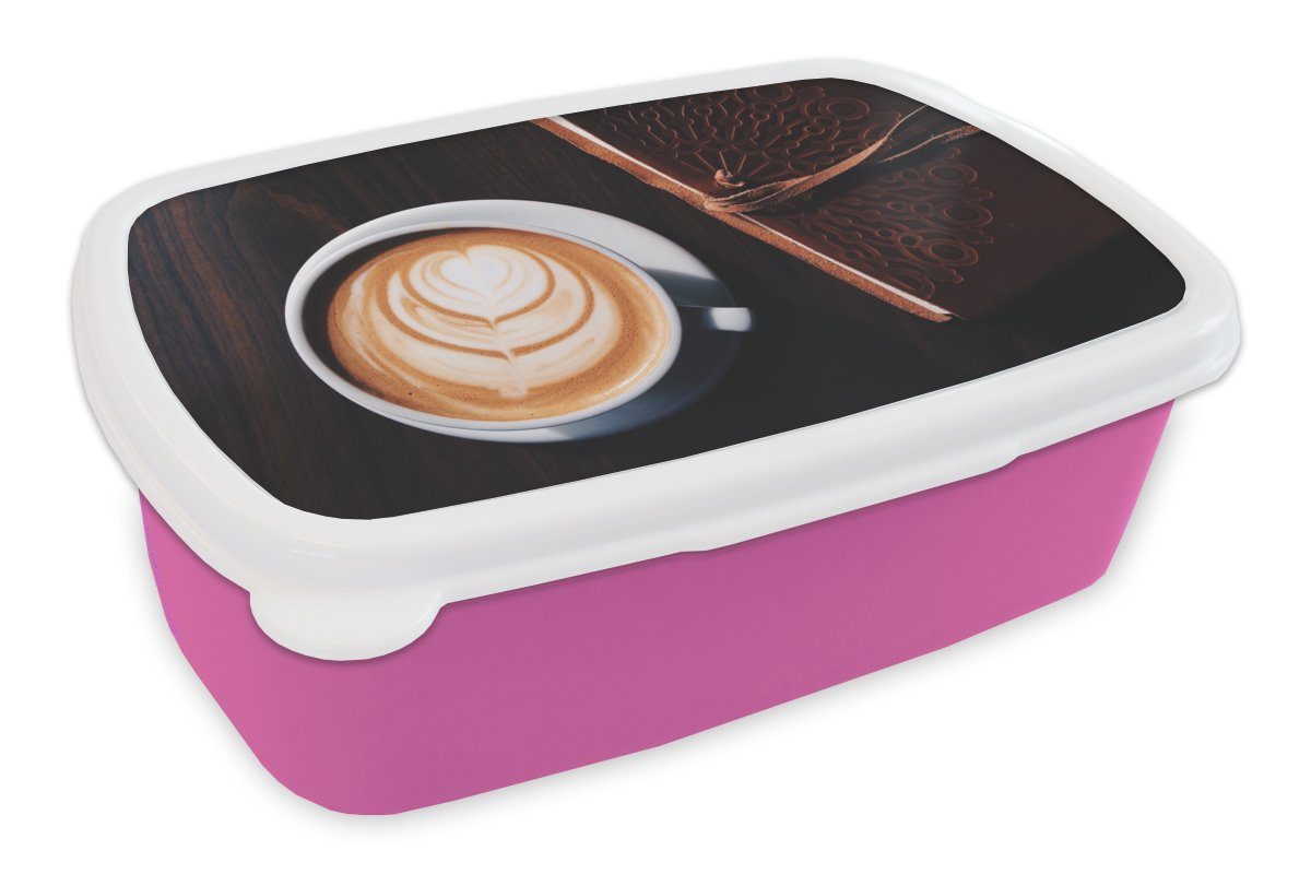 MuchoWow Lunchbox Kaffee - Zimt - Milchkaffee, Kunststoff, (2-tlg), Brotbox für Erwachsene, Brotdose Kinder, Snackbox, Mädchen, Kunststoff rosa