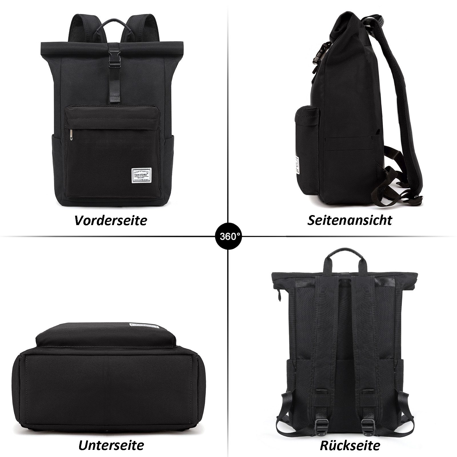 TAN.TOMI Cityrucksack Rolltop Rucksack Damen Herren, Rucksack Laptop Tasche 15,6 Zoll (Damen Herren weit öffenbar, Rolltop Rucksack wasserdicht), Backpack Daypack für Schule,Fahrradfahren,Freizeit und Reise